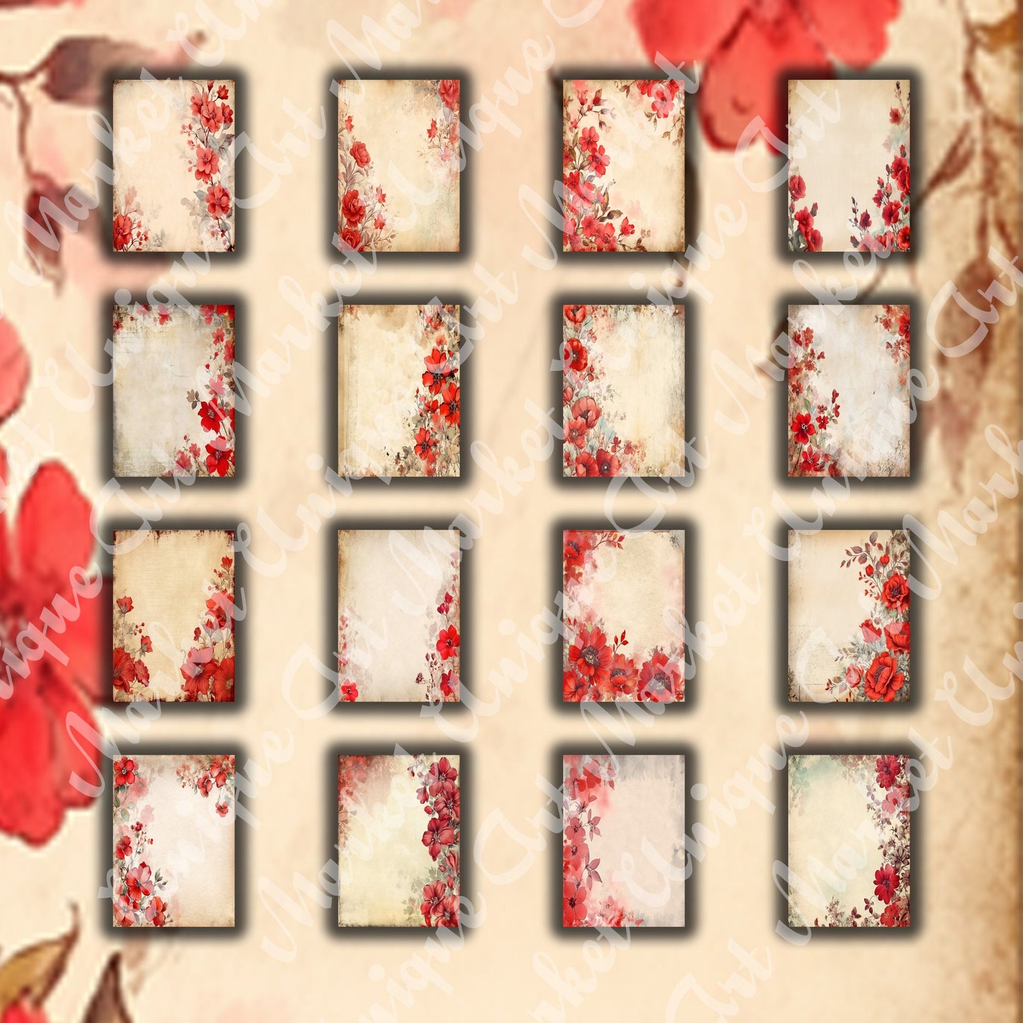Vintage Red Floral Journal Pages , Digital Papers, floral Backgrounds , Scrapbooking Junk Journaling , Printable Download , Red flowers