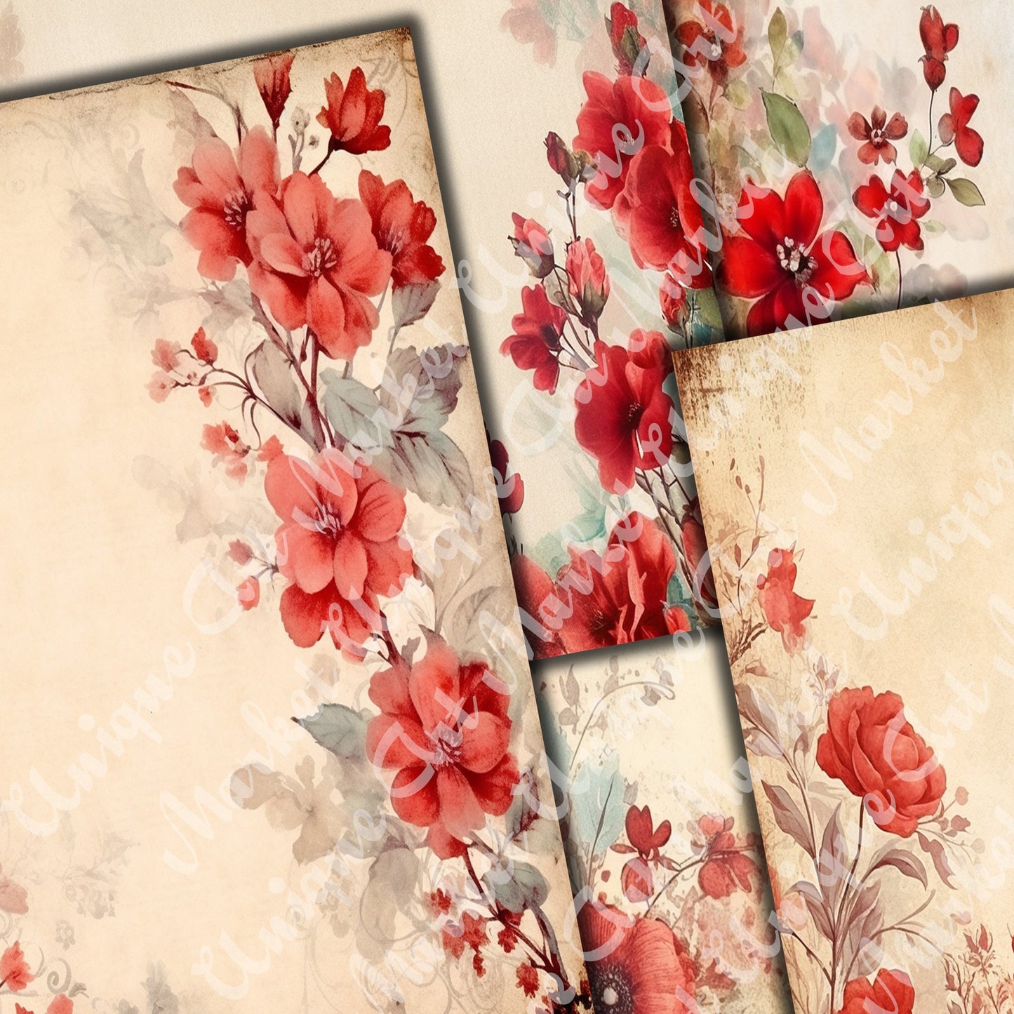 Vintage Red Floral Journal Pages , Digital Papers, floral Backgrounds , Scrapbooking Junk Journaling , Printable Download , Red flowers