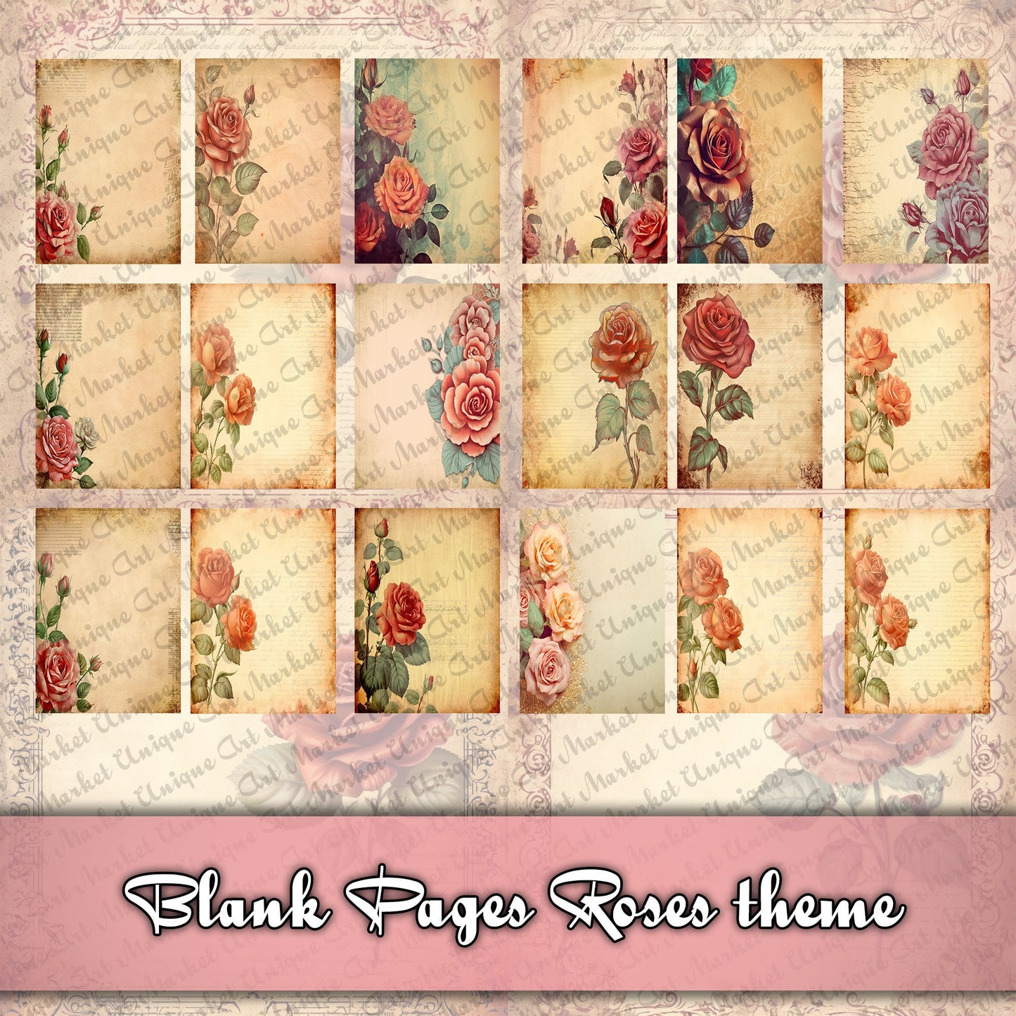 Vintage roses blank Journal Pages , Digital Papers, roses Background , Scrapbooking Junk Journaling , fussy cut roses , white rose . kits