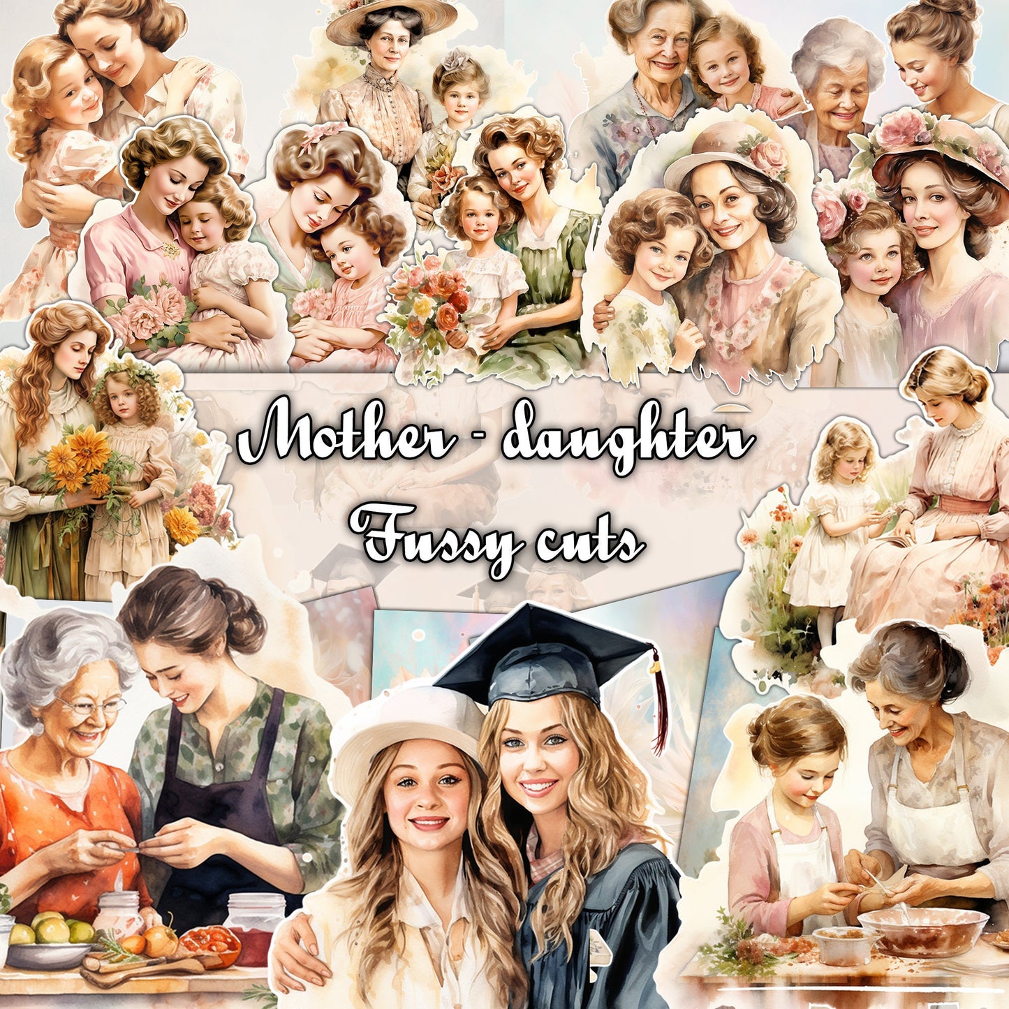 vintage Cherished Moments: Mother and Daughter Fussy Cuts Digital Bundle for Junk Journaling. ephemera Scrapbook, Paper Crafts Scrapbooking