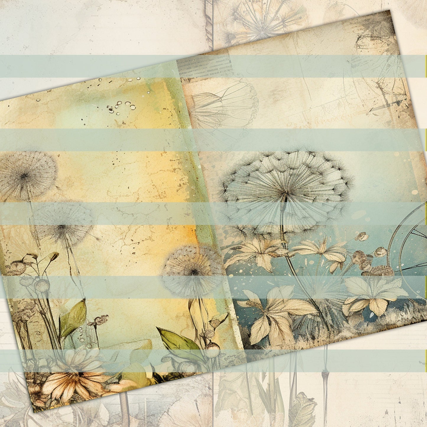 Vintage Dandelion Mega Journal Pages , Digital Papers, floral boho Background , Scrapbooking Junk Journaling ,flower journal , printable kit