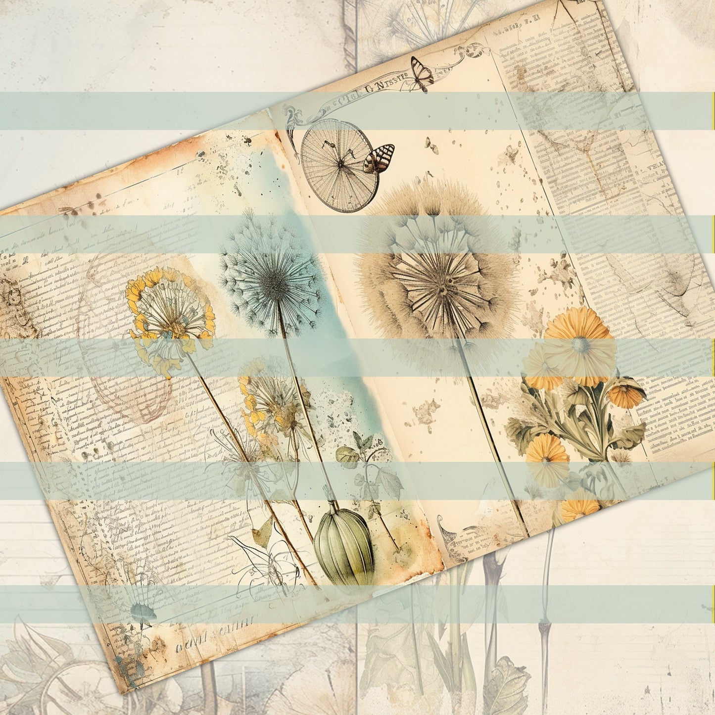 Vintage Dandelion Mega Journal Pages , Digital Papers, floral boho Background , Scrapbooking Junk Journaling ,flower journal , printable kit