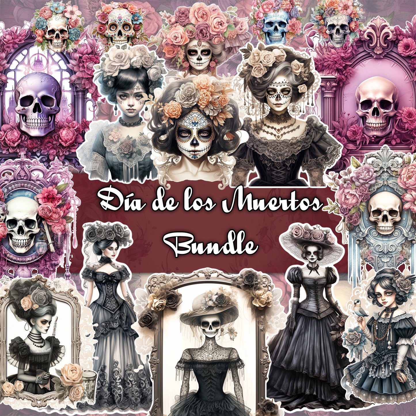 Day of the Dead Delights: Journaling Bundle with Victorian Girls, Floral Skulls, and More! ephemera, scrapbook, collage, digital printable .