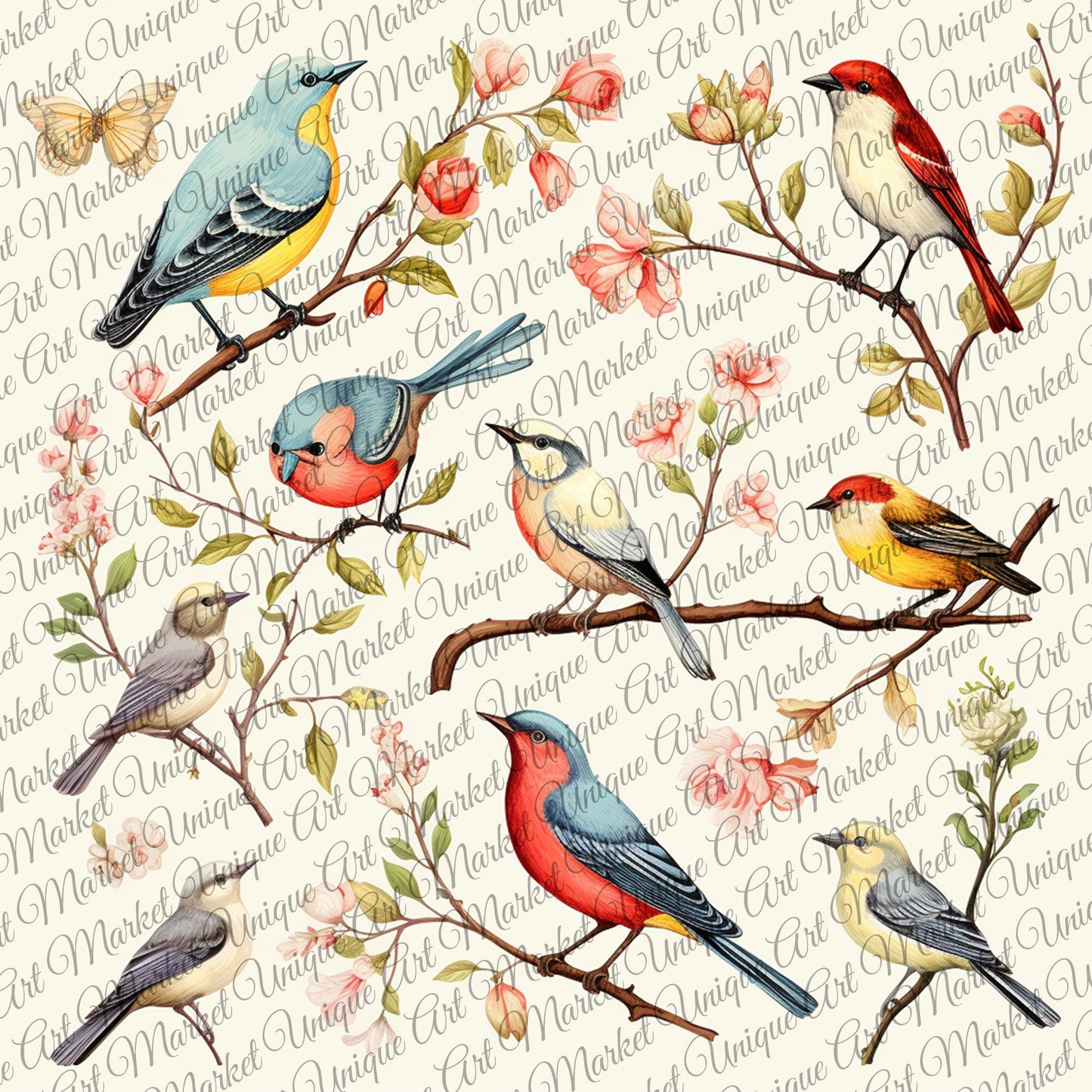 Vintage fussy cut birds flowers v3 kit , junk journal ephemera, birds stickers , digital printable, collage ,butterflies , floral stickers