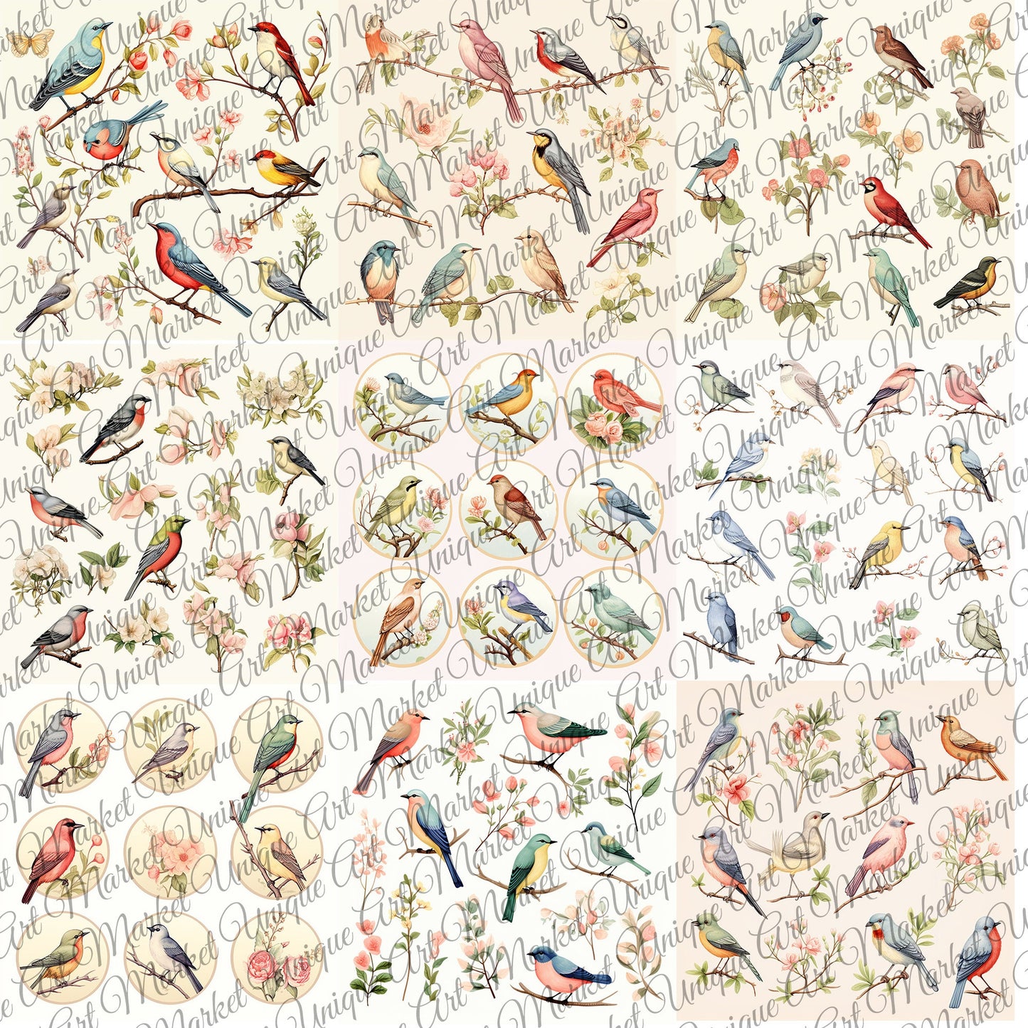 Vintage fussy cut birds flowers v3 kit , junk journal ephemera, birds stickers , digital printable, collage ,butterflies , floral stickers