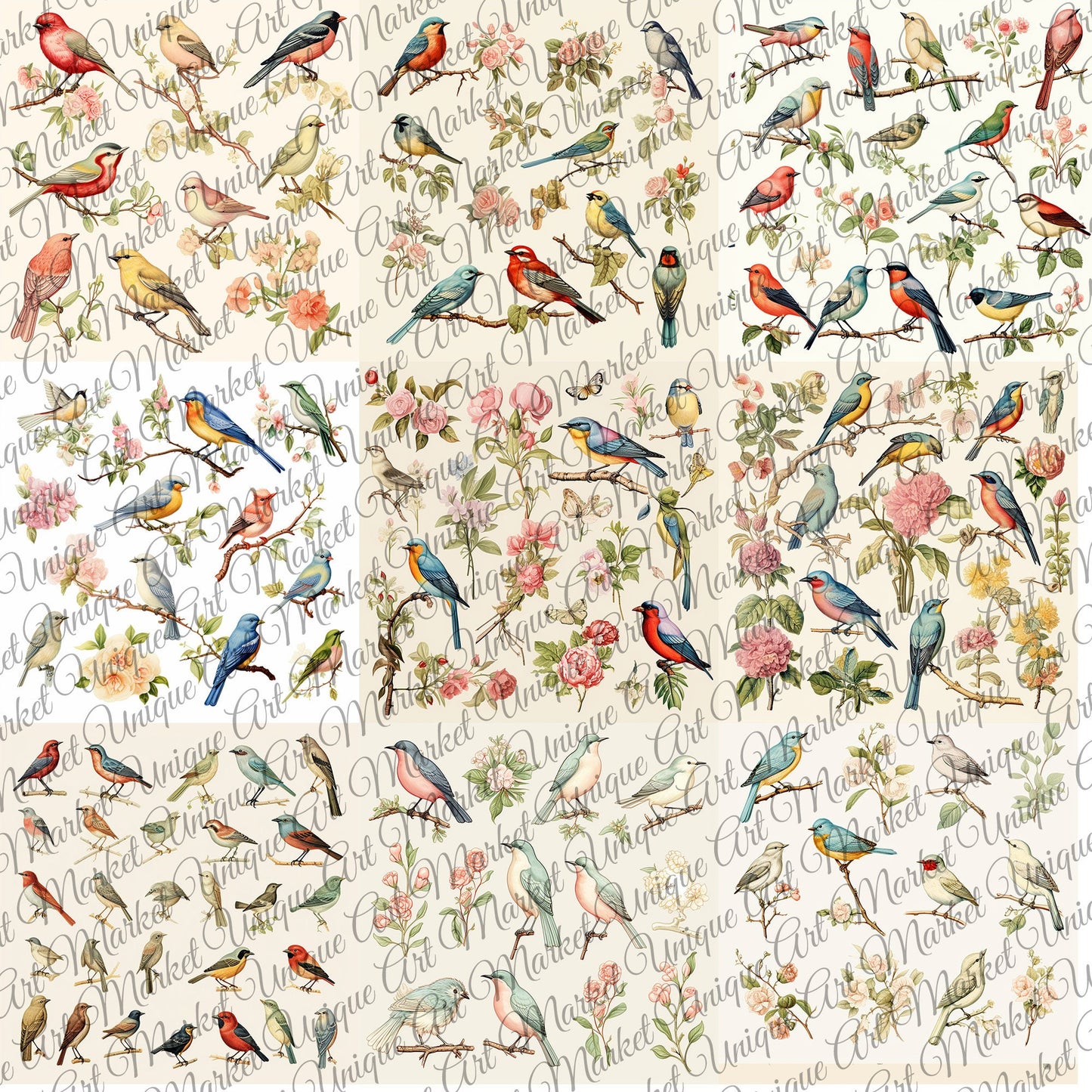 Vintage fussy cut birds flowers v3 kit , junk journal ephemera, birds stickers , digital printable, collage ,butterflies , floral stickers