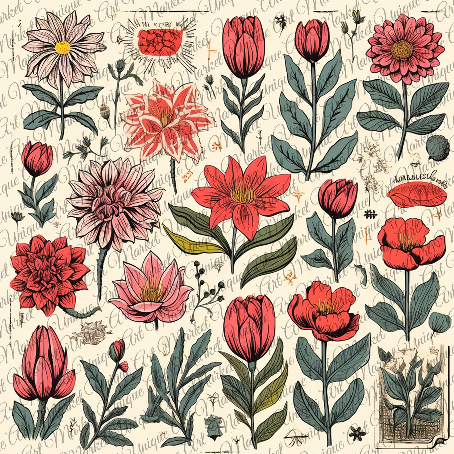 Vintage Prints Fussy Cut Flowers Mega Pack, 20 Digital Fussy Cut Flower sheet, vintage, Digital Printable Flowers, Ephemera junk Journal kit