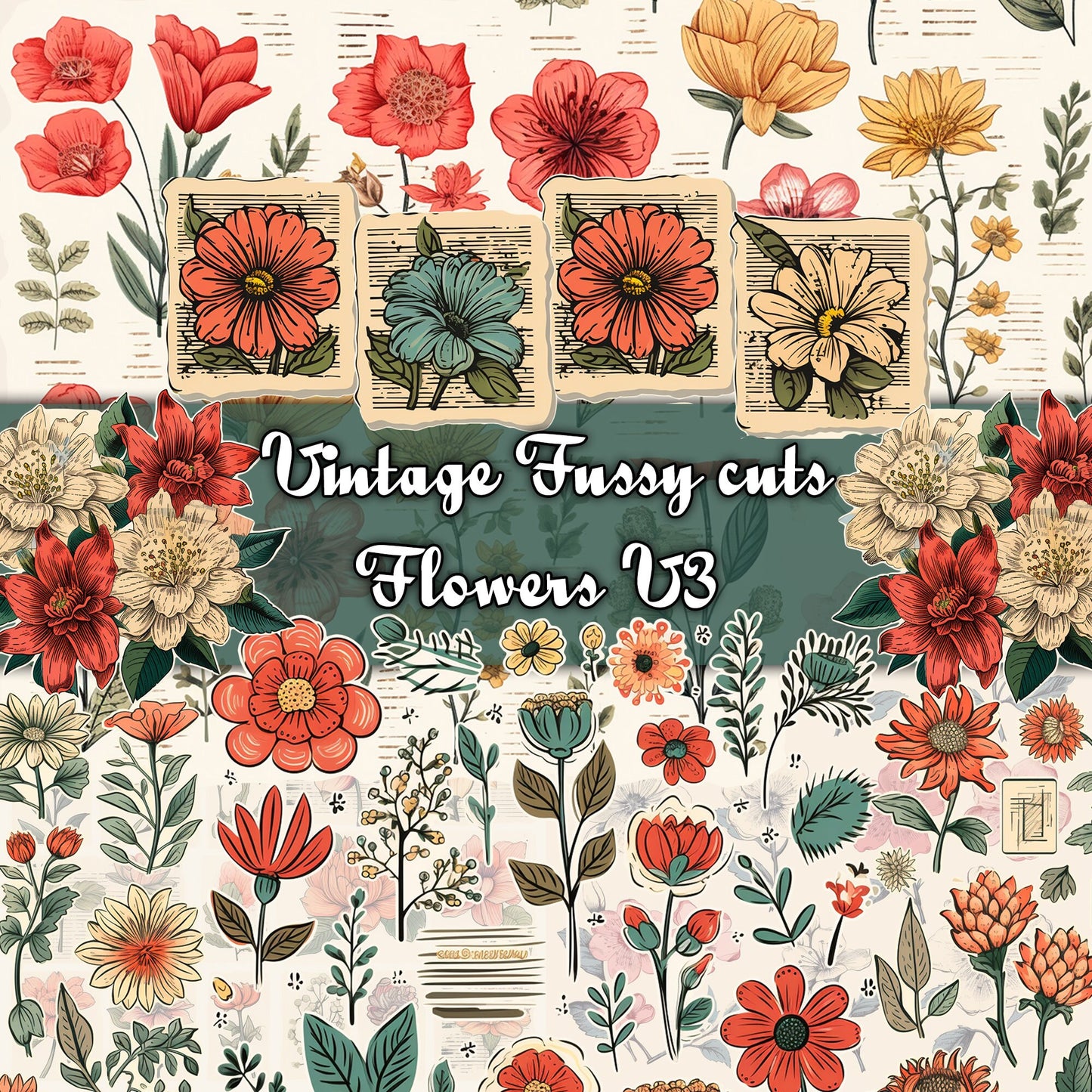 Vintage Prints Fussy Cut Flowers Mega Pack, 20 Digital Fussy Cut Flower sheet, vintage, Digital Printable Flowers, Ephemera junk Journal kit