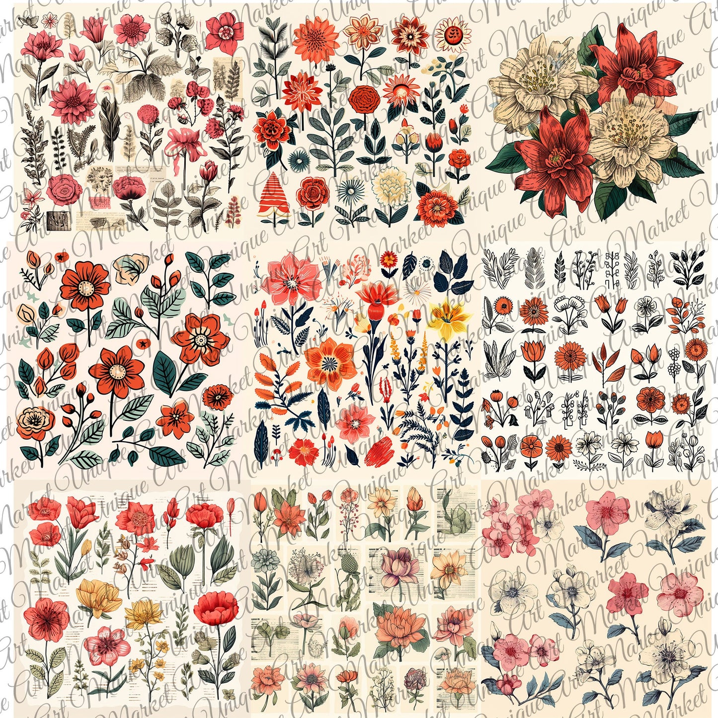 Vintage Prints Fussy Cut Flowers Mega Pack, 20 Digital Fussy Cut Flower sheet, vintage, Digital Printable Flowers, Ephemera junk Journal kit