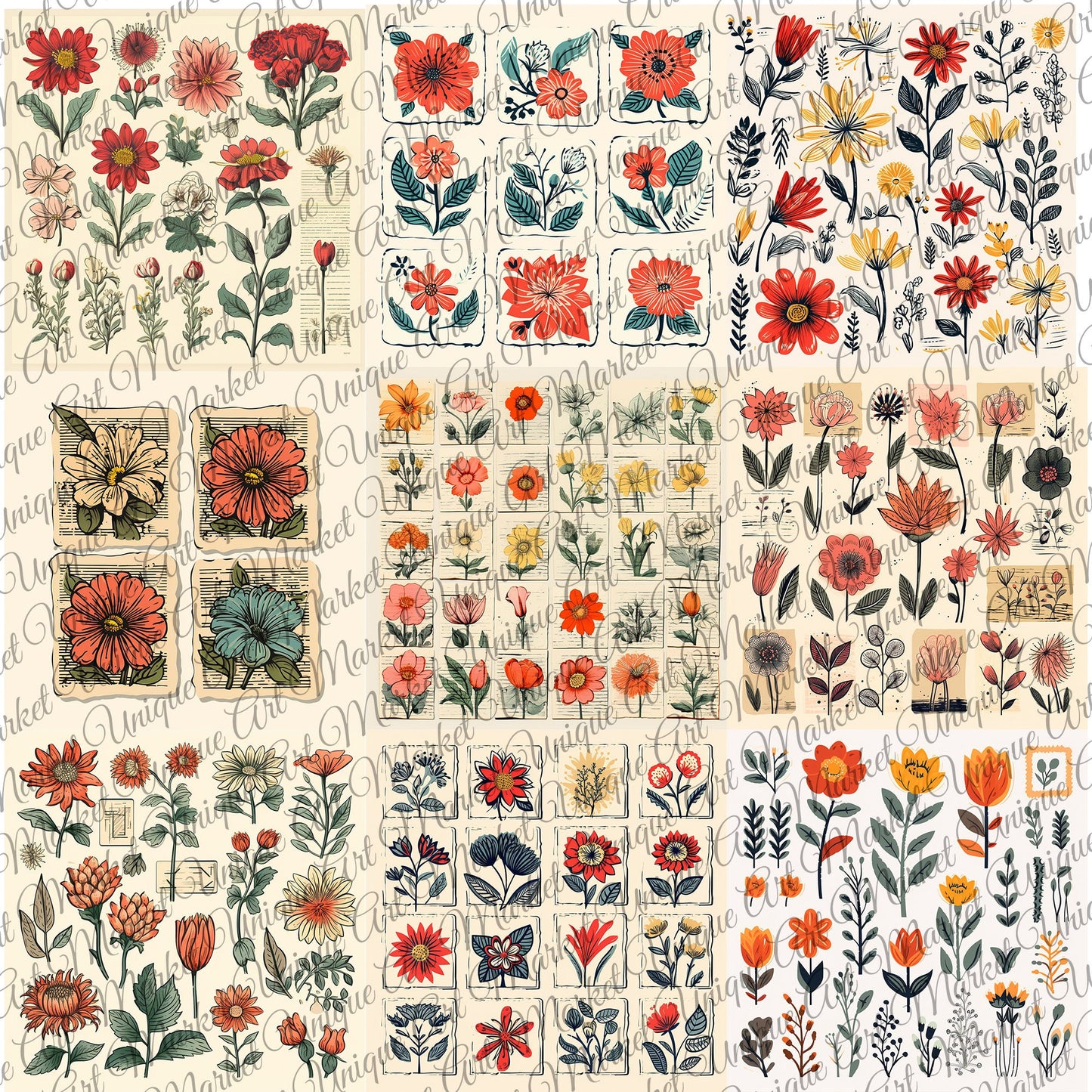 Vintage Prints Fussy Cut Flowers Mega Pack, 20 Digital Fussy Cut Flower sheet, vintage, Digital Printable Flowers, Ephemera junk Journal kit