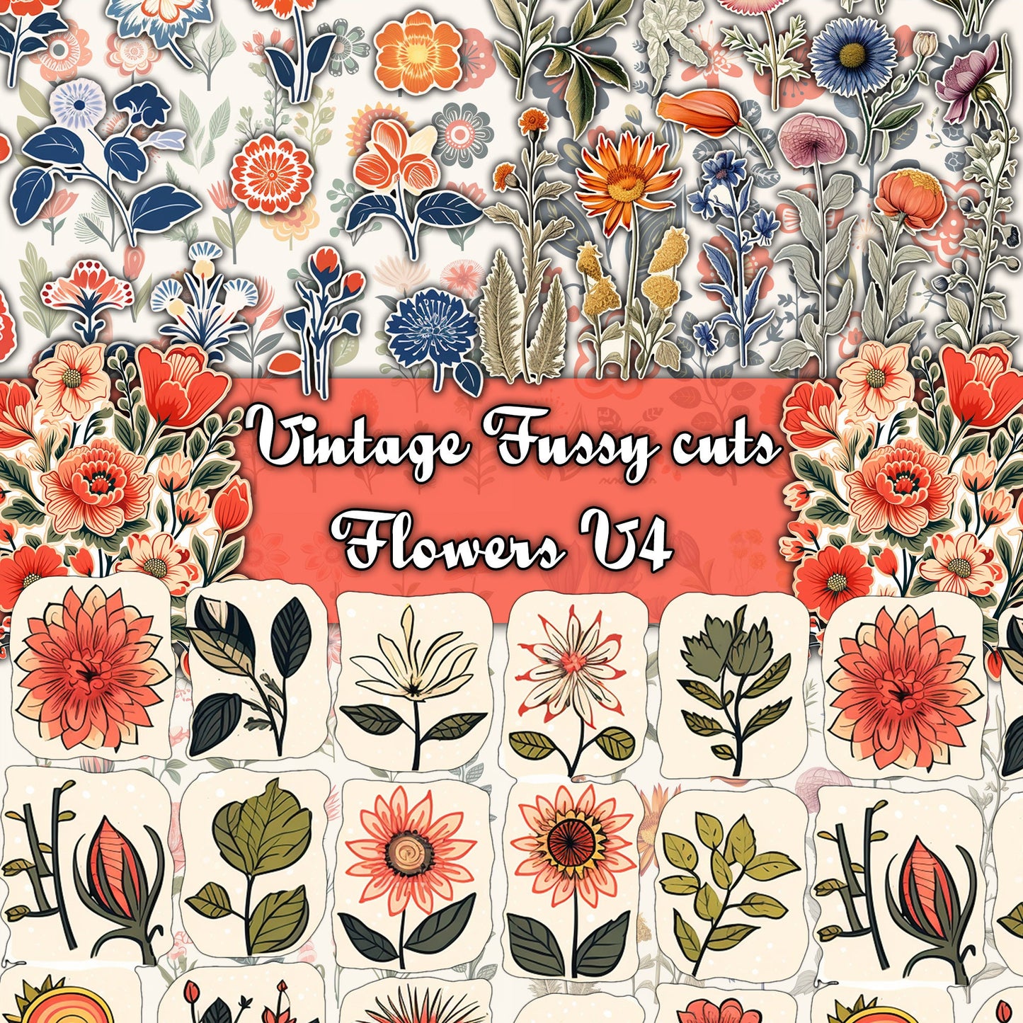 Vintage Printable Fussy Cuts Flowers Mega Pack V4, 24 Digital Fussy Cut Flower sheet, vintage, Printable Flowers, Ephemera junk Journal kit