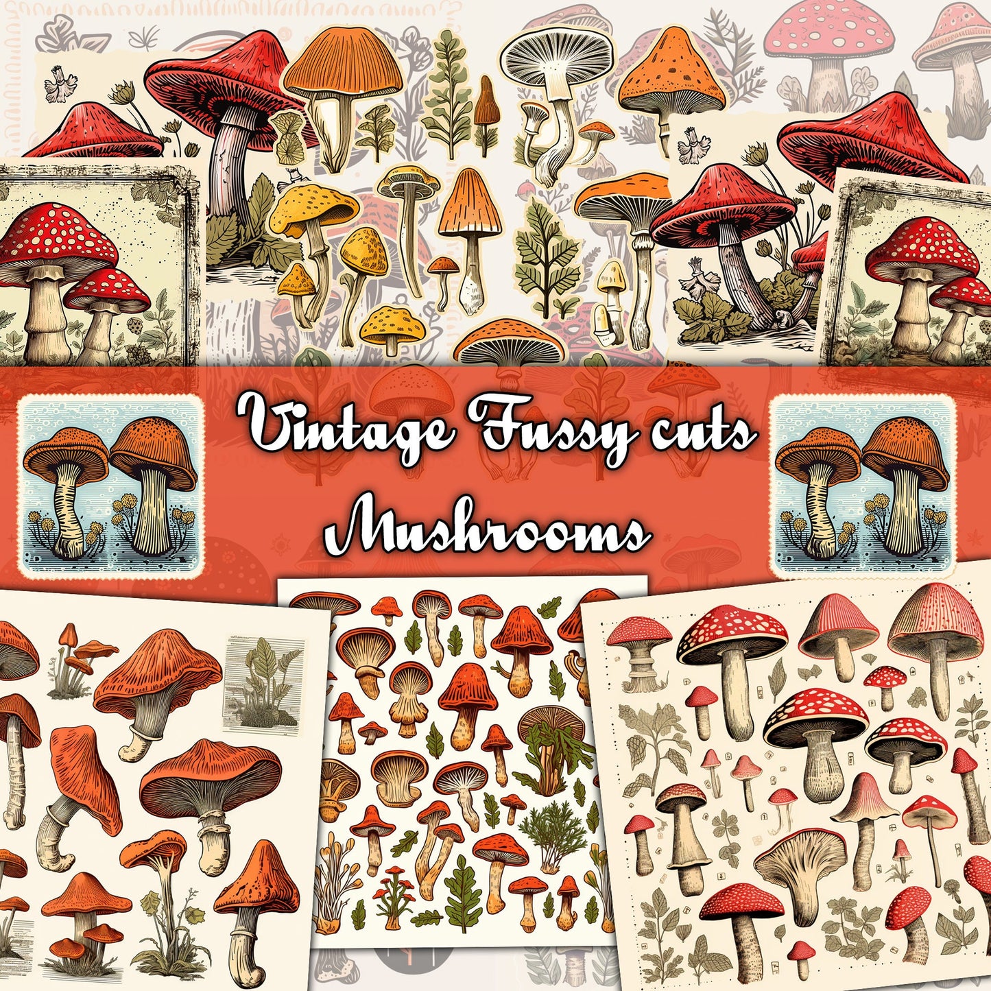Vintage fussy mushrooms Mega bundle kit , junk journal ephemera, mushroom stickers , digital printable, collage, scrapbooking, vintage print