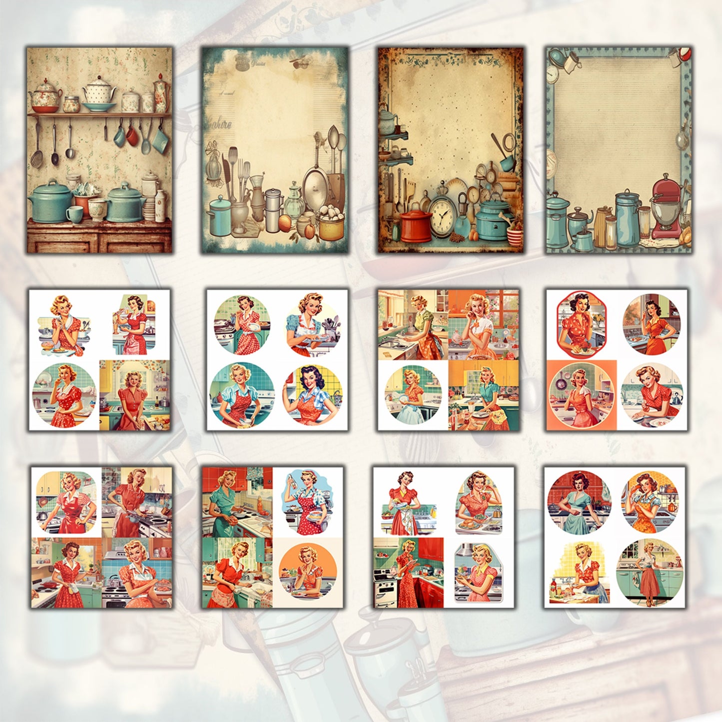 vintage retro housewife - kitchen journals - Fussy Cuts Digital Bundle for Junk Journaling. ephemera Scrapbook, Paper Crafts Scrapbooking