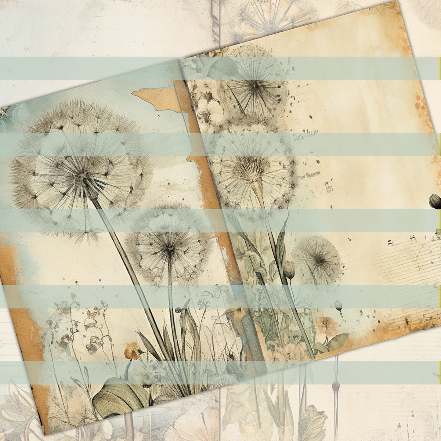 Vintage Dandelion Mega Journal Pages , Digital Papers, floral boho Background , Scrapbooking Junk Journaling ,flower journal , printable kit