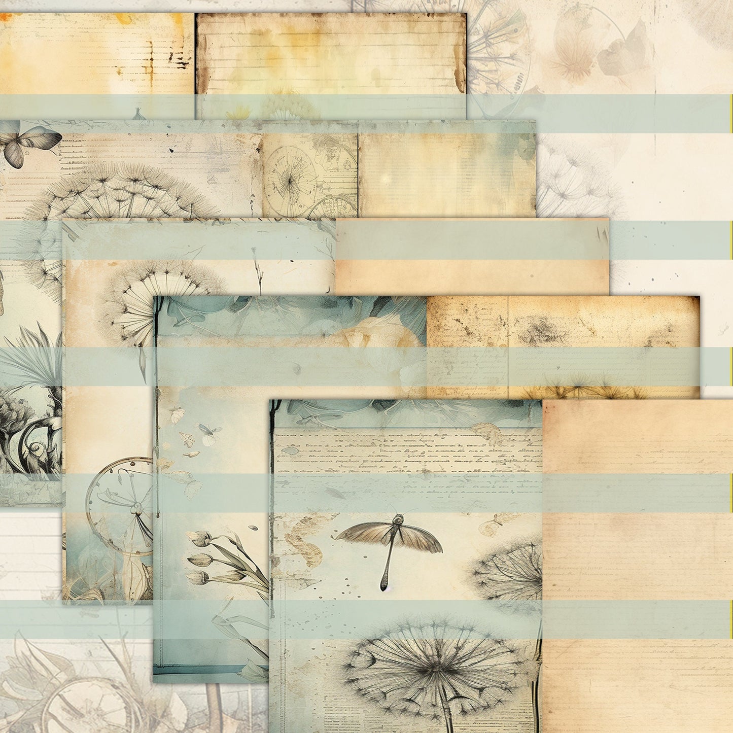 Vintage Dandelion Mega Journal Pages , Digital Papers, floral boho Background , Scrapbooking Junk Journaling ,flower journal , printable kit