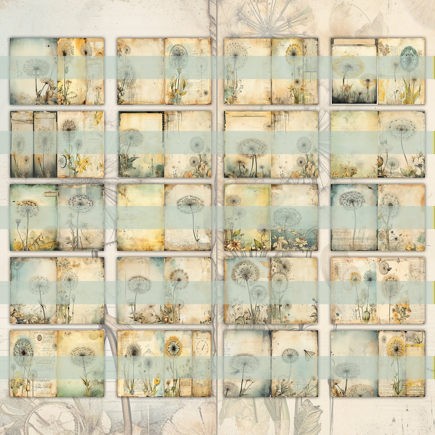 Vintage Dandelion Mega Journal Pages , Digital Papers, floral boho Background , Scrapbooking Junk Journaling ,flower journal , printable kit