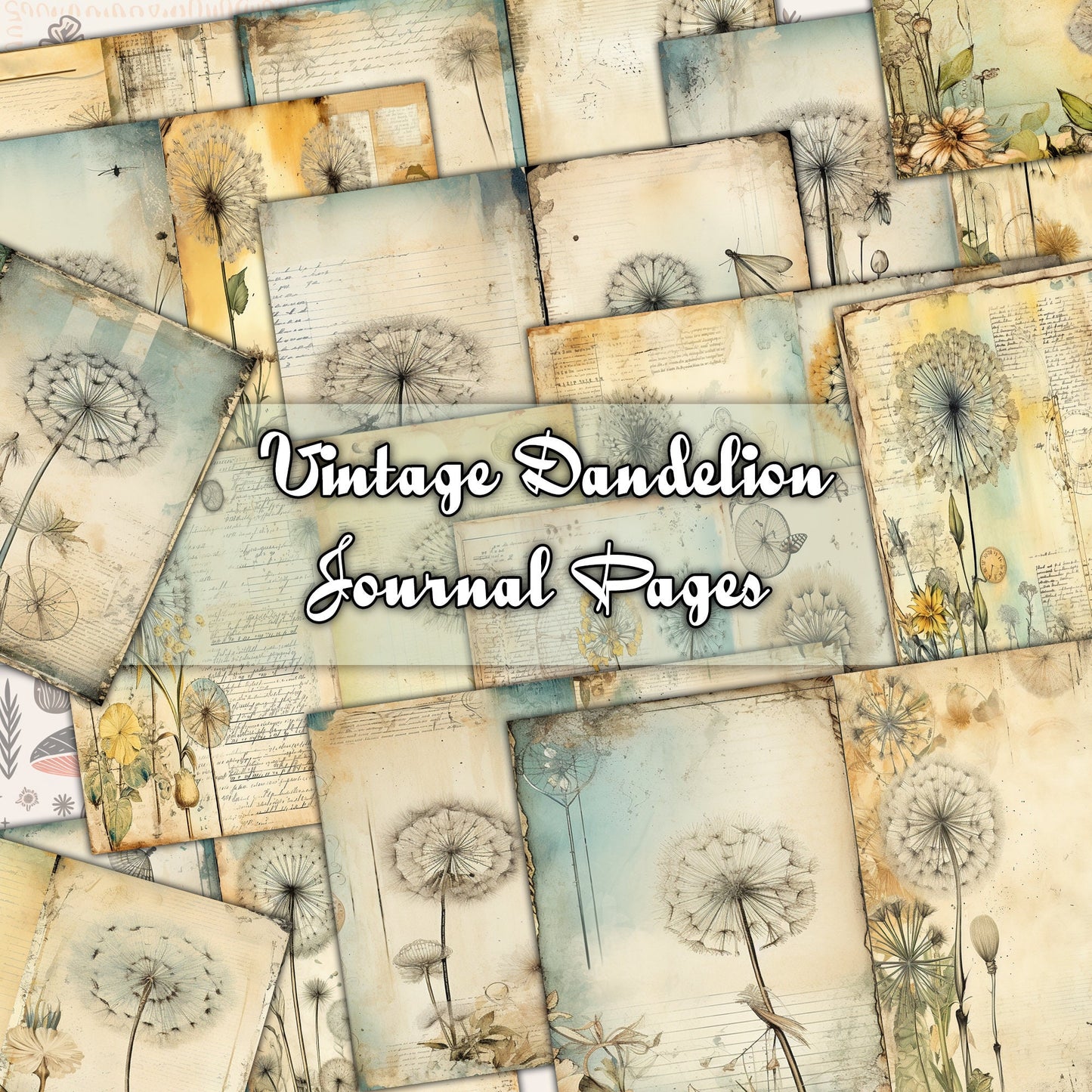 Vintage Dandelion Mega Journal Pages , Digital Papers, floral boho Background , Scrapbooking Junk Journaling ,flower journal , printable kit