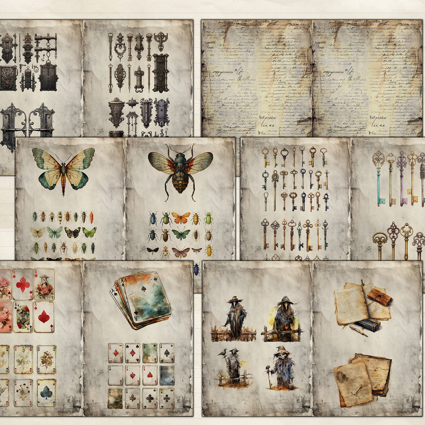 Vintage Chills: Abandoned Houses, Cryptic Notes, Fussy Cut Elements for Scrapbooking & Junk Journaling - Yellow Background - black ephemera