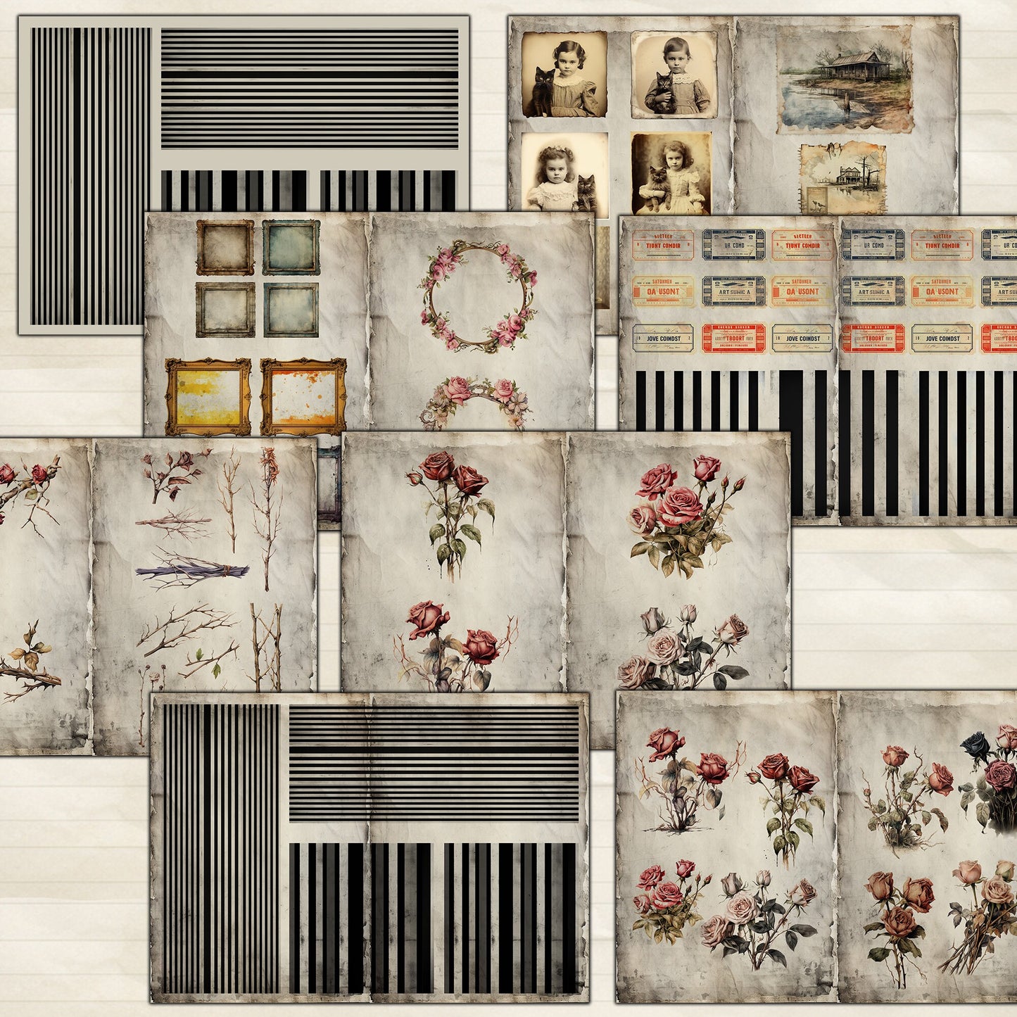 Vintage Chills: Abandoned Houses, Cryptic Notes, Fussy Cut Elements for Scrapbooking & Junk Journaling - Yellow Background - black ephemera