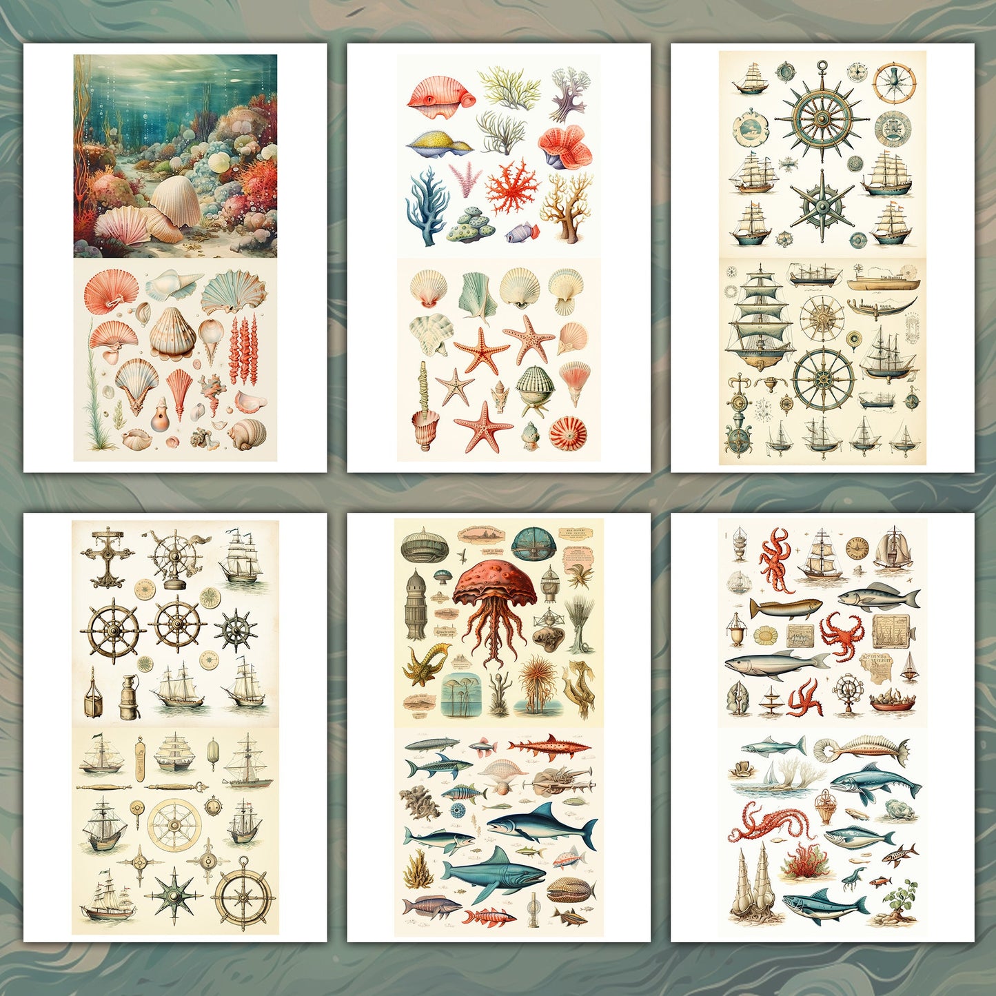 Seaside Serenity: Vintage Ocean Delights - Fussy Cuts and Backgrounds for Junk Journaling Scrapbooking - ephemera journal page - ocean sea