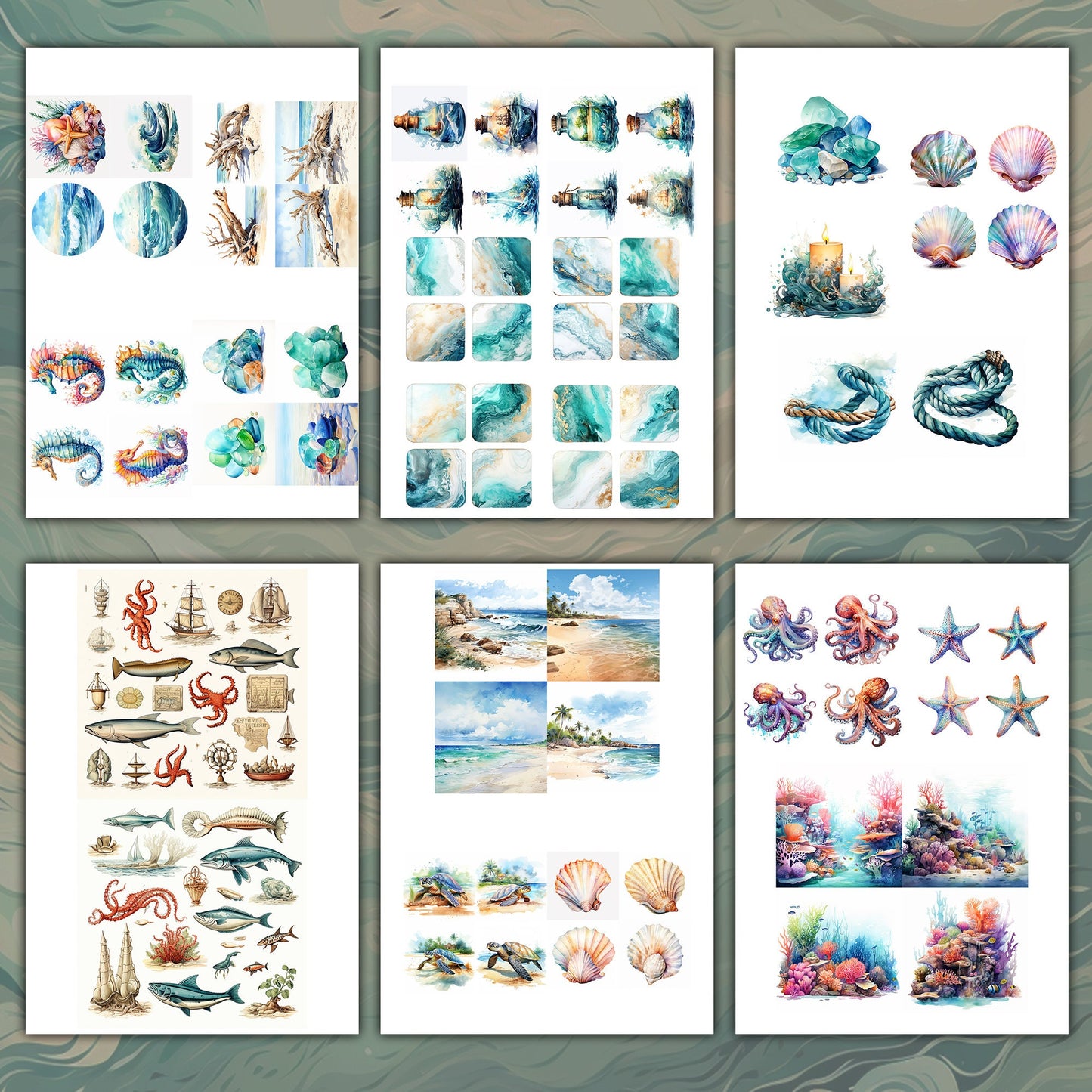 Seaside Serenity: Vintage Ocean Delights - Fussy Cuts and Backgrounds for Junk Journaling Scrapbooking - ephemera journal page - ocean sea