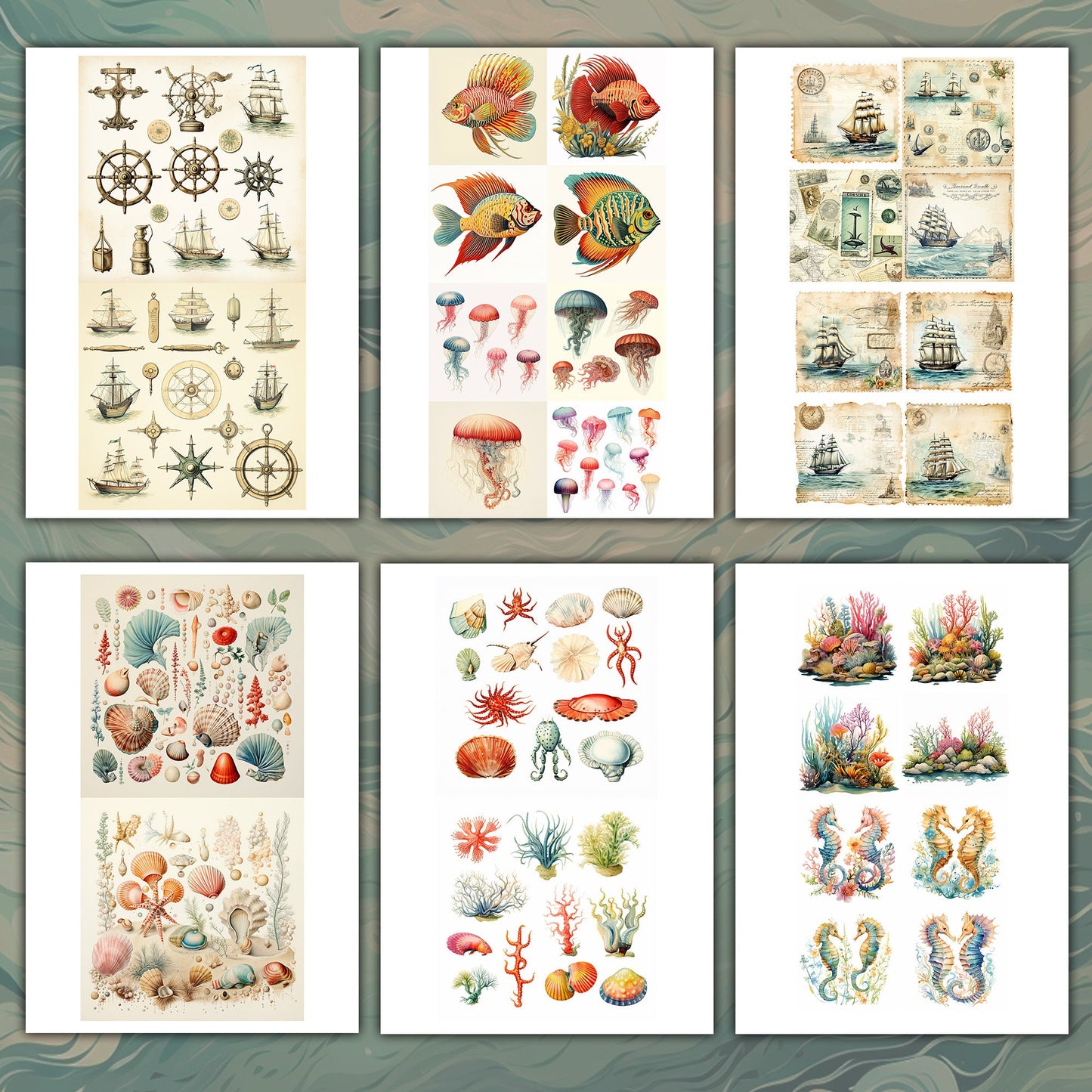 Seaside Serenity: Vintage Ocean Delights - Fussy Cuts and Backgrounds for Junk Journaling Scrapbooking - ephemera journal page - ocean sea