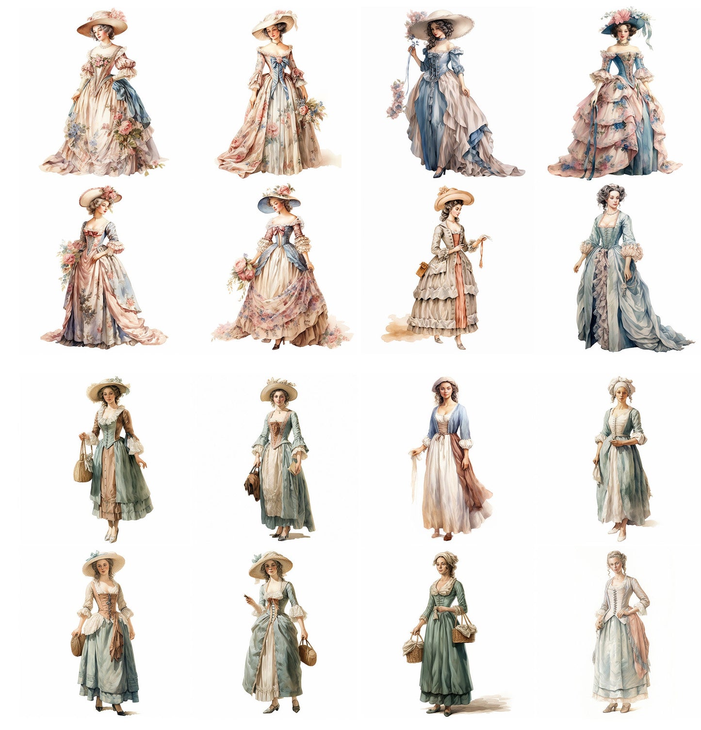 Regal Elegance Rediscovered: 18th Century Women's Fashion Collection for Digital Junk Journaling Scrapbooking Fussy Cut Vintage Ephemera