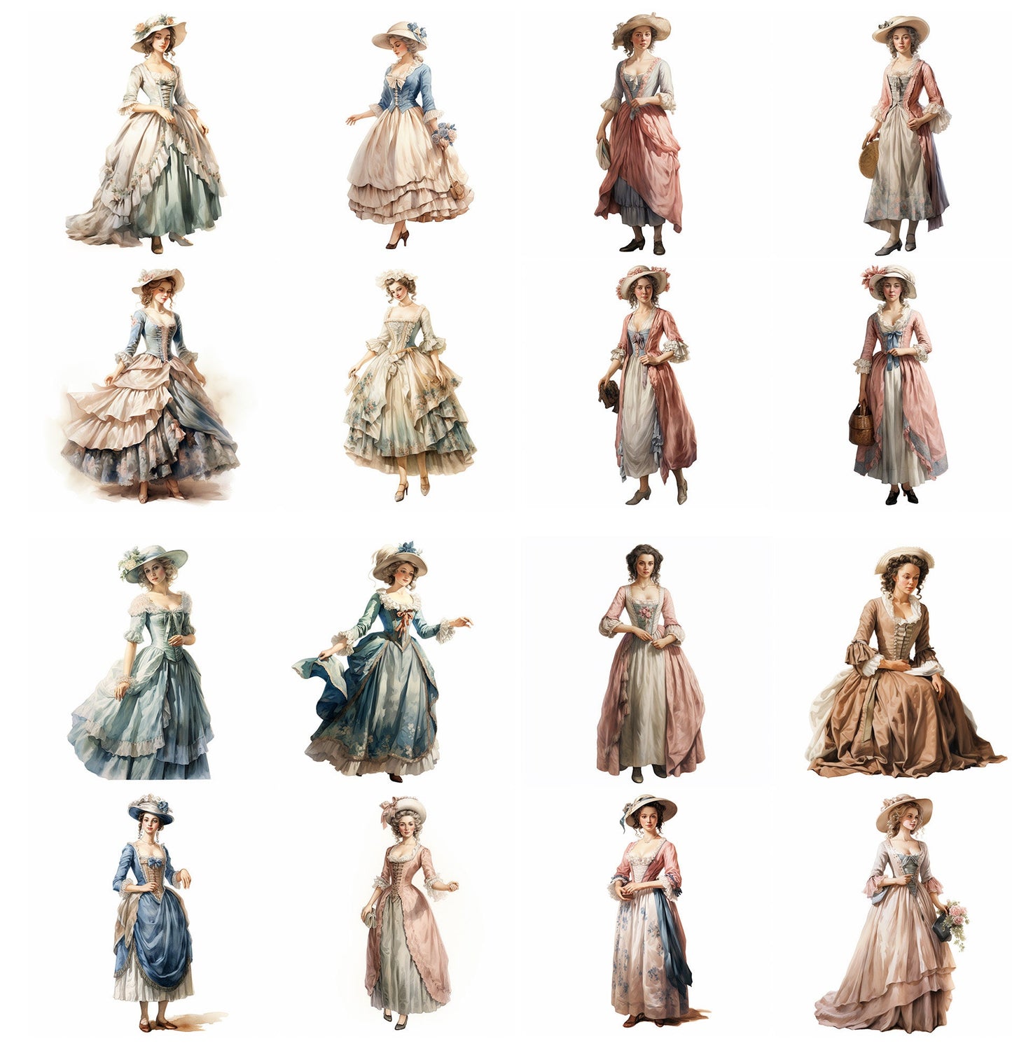 Regal Elegance Rediscovered: 18th Century Women's Fashion Collection for Digital Junk Journaling Scrapbooking Fussy Cut Vintage Ephemera