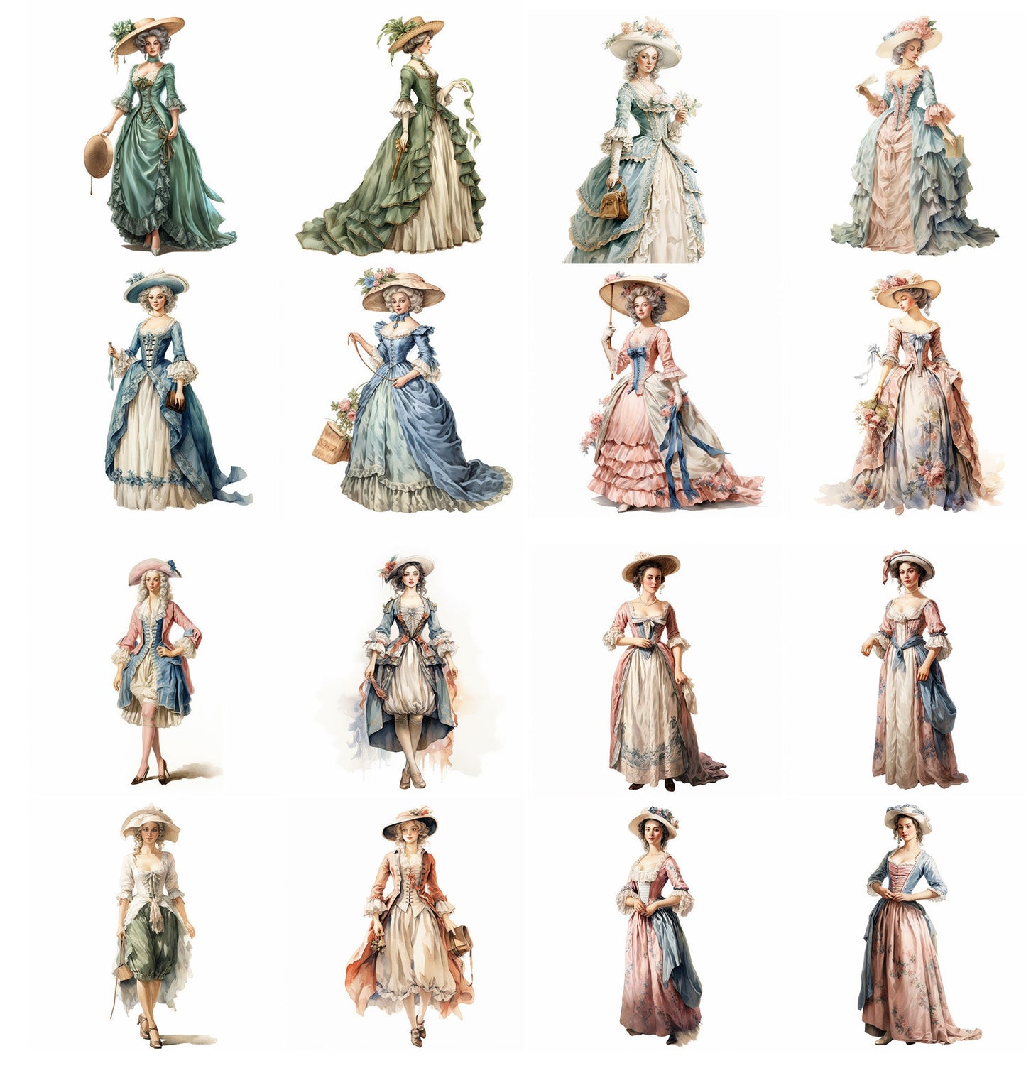 Regal Elegance Rediscovered: 18th Century Women's Fashion Collection for Digital Junk Journaling Scrapbooking Fussy Cut Vintage Ephemera