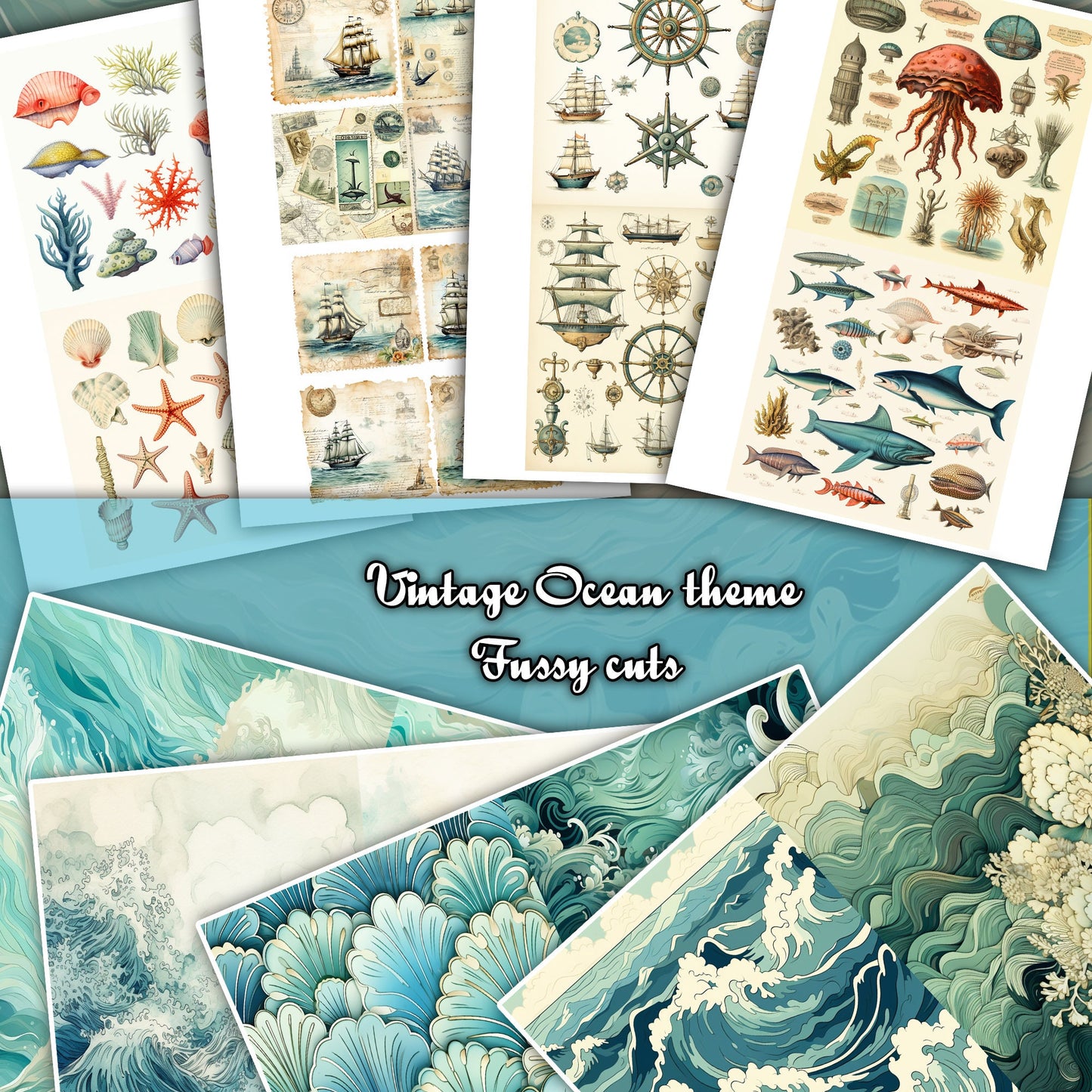 Seaside Serenity: Vintage Ocean Delights - Fussy Cuts and Backgrounds for Junk Journaling Scrapbooking - ephemera journal page - ocean sea