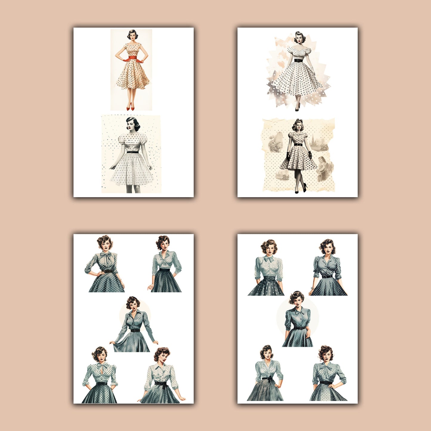 Digital Vintage Ladies Bundle: Retro Fashion, Dotted Polka, 16 Pages (JPG, PNG, PDF), Ideal for Junk Journaling & Scrapbooking Fussy Cuts