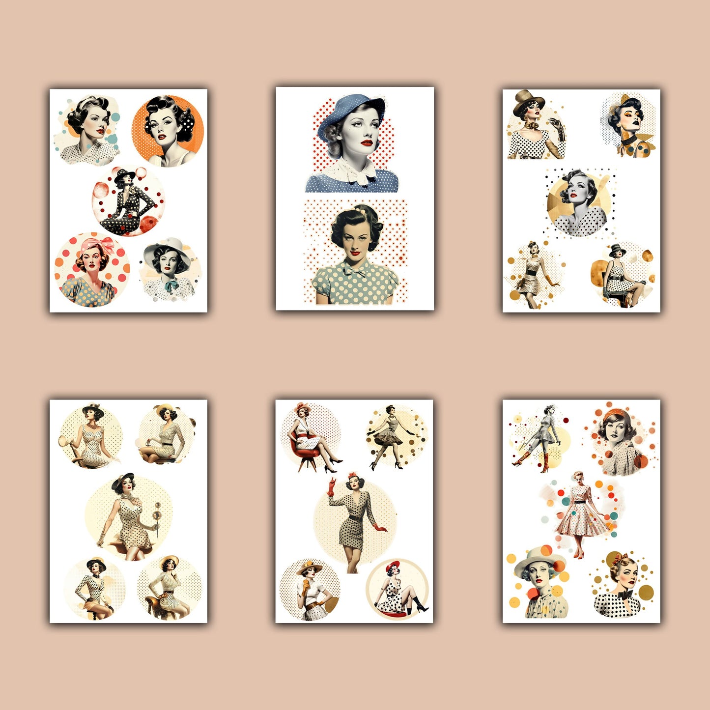 Digital Vintage Ladies Bundle: Retro Fashion, Dotted Polka, 16 Pages (JPG, PNG, PDF), Ideal for Junk Journaling & Scrapbooking Fussy Cuts