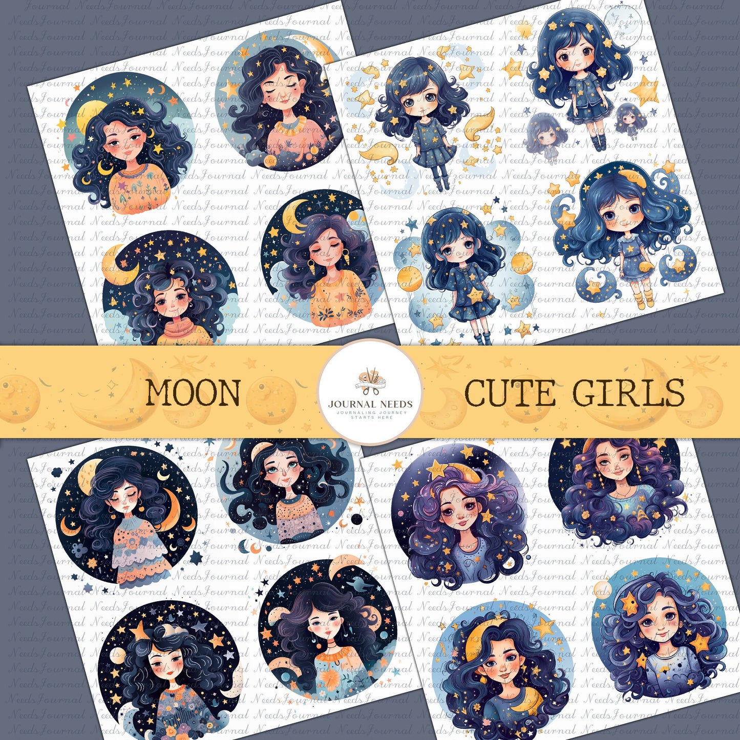 5 Modern Bright Moon Girls Journaling Sheets - Instant Download - Junk Journal Supplies - Printable PDF and JPG - cute girls clipart
