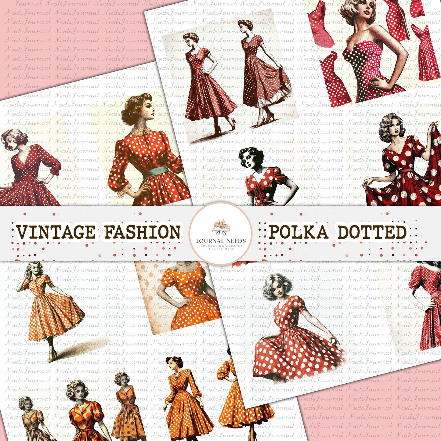 25 Vintage polka Ladies: Retro Fashion, Dotted Polka red orange green(JPG, PDF), Ideal for Junk Journaling & Scrapbooking Fussy Cuts