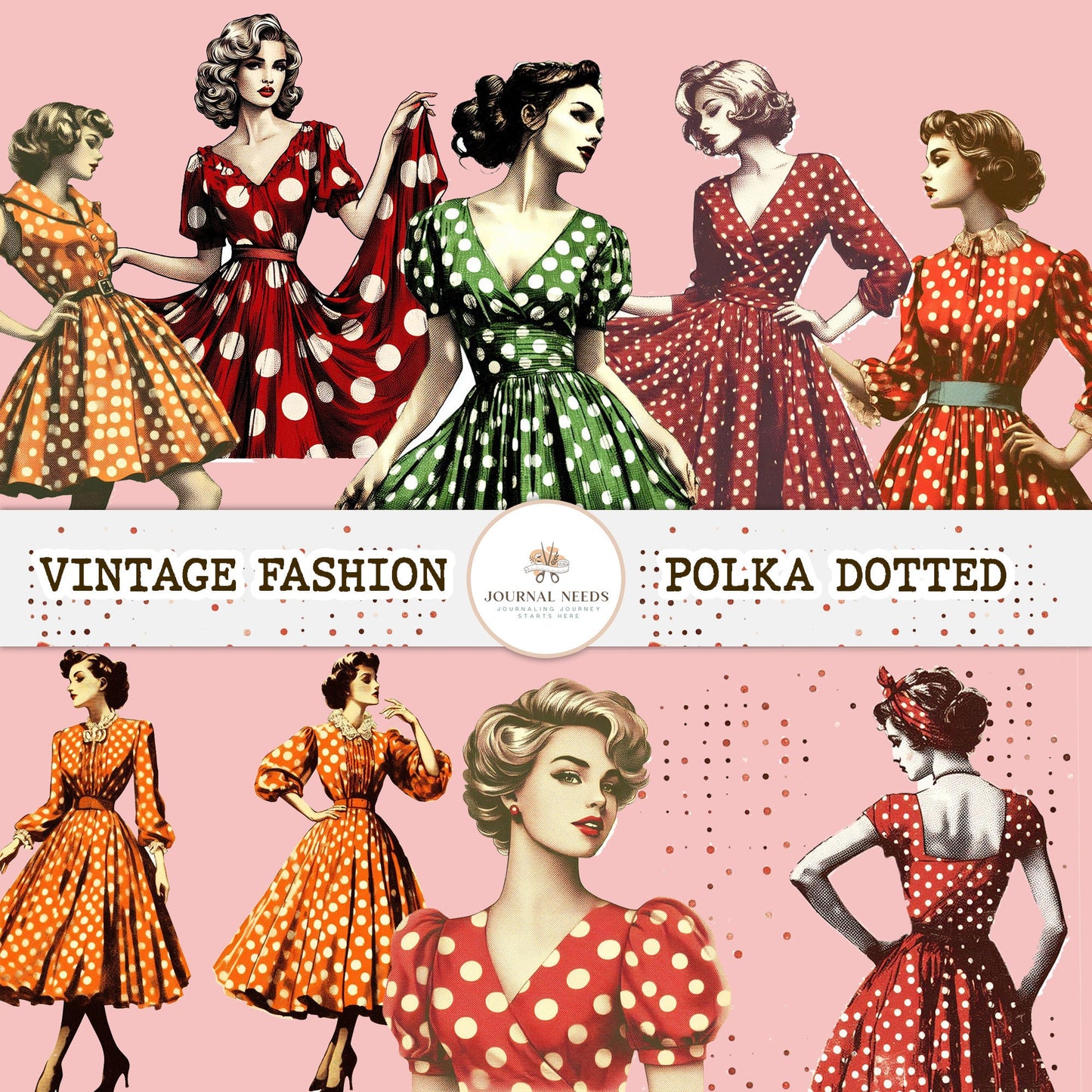 25 Vintage polka Ladies: Retro Fashion, Dotted Polka red orange green(JPG, PDF), Ideal for Junk Journaling & Scrapbooking Fussy Cuts