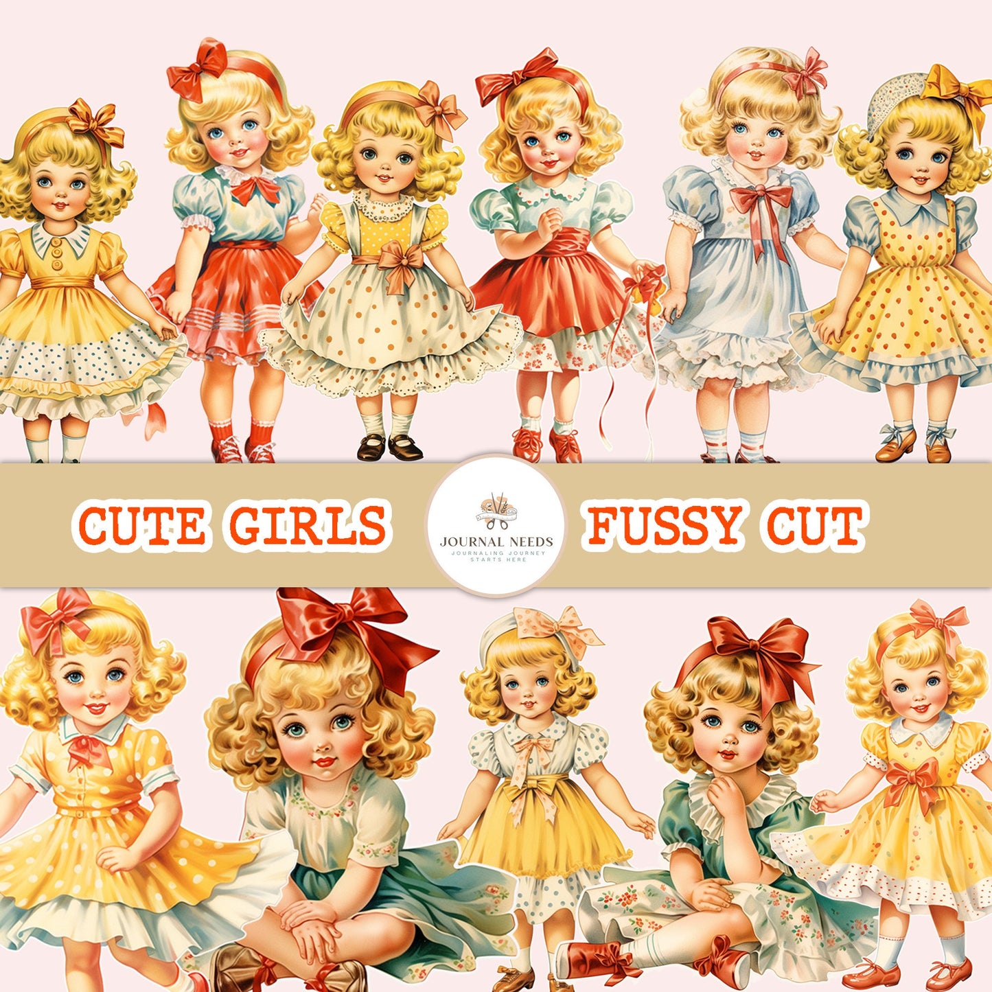 Vintage Retro Cute Girls Charm: 80 Vintage Cute Girls for Junk Journaling and Collage Creations .png jpg pdf . scrapbooking junk journal kit