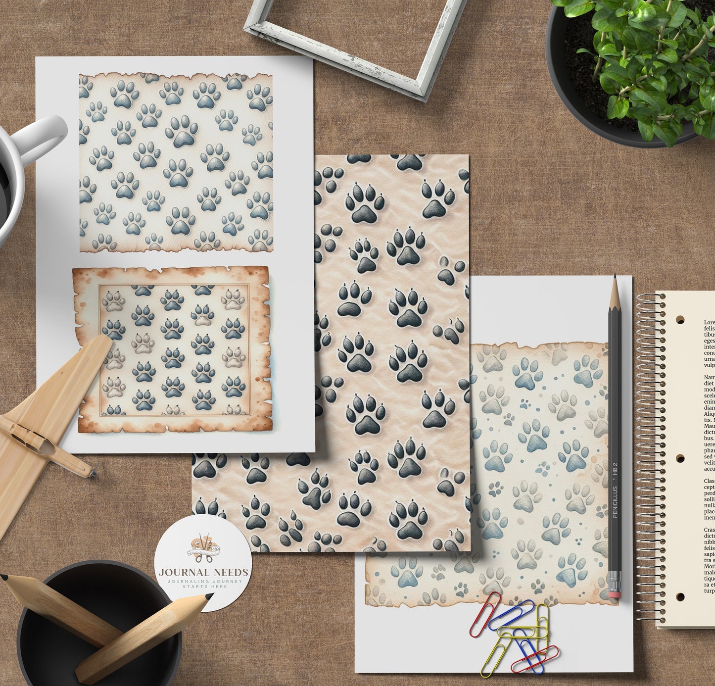 Dog Paw pattern background pages - vintage page background pdf jpg . junk journal dog theme kit