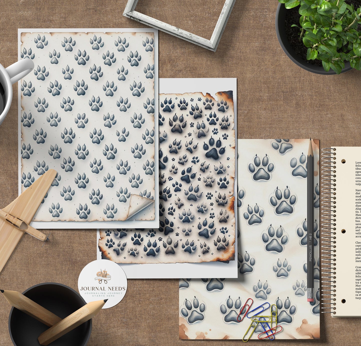 Dog Paw pattern background pages - vintage page background pdf jpg . junk journal dog theme kit