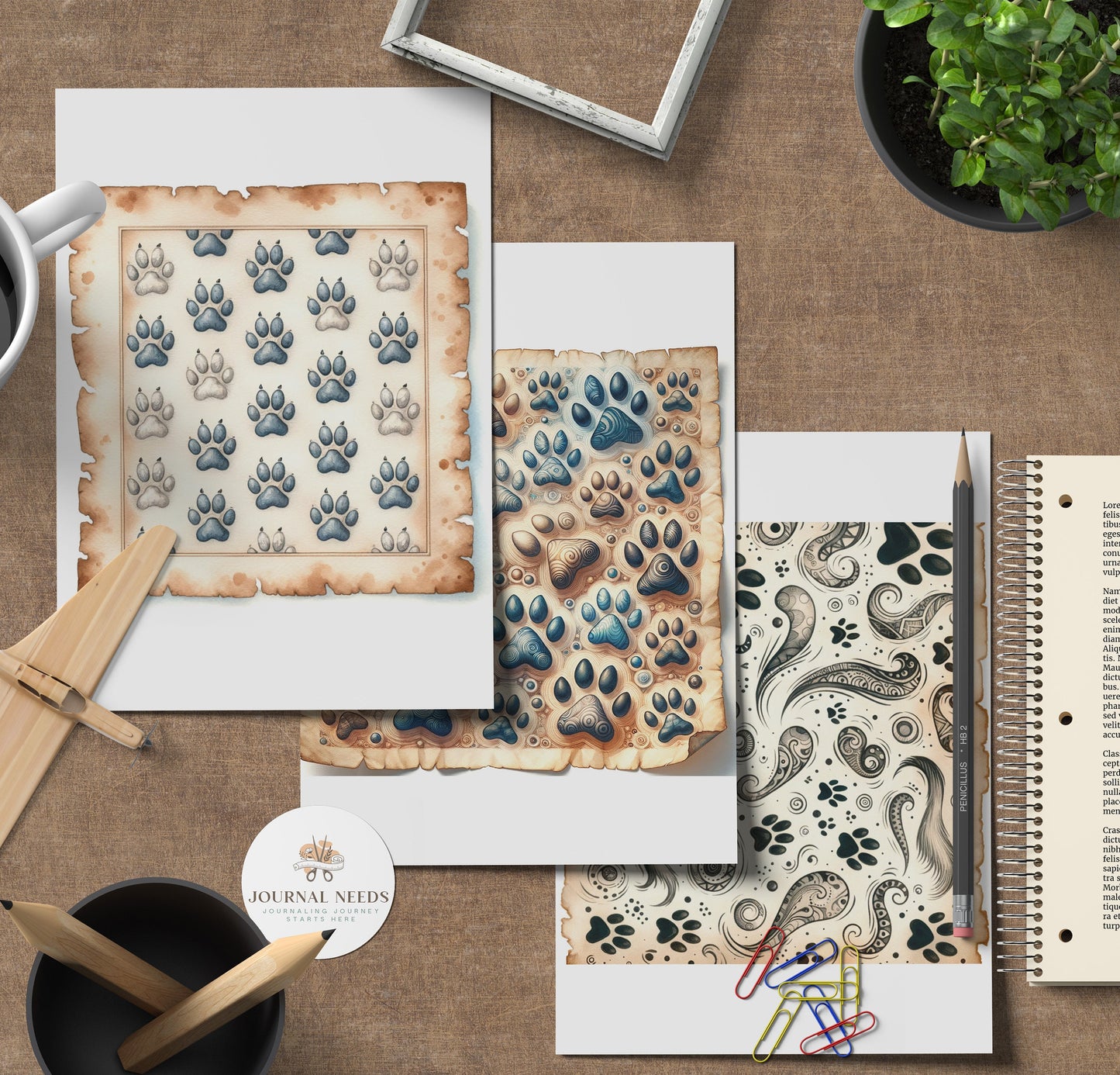 Dog Paw pattern background pages - vintage page background pdf jpg . junk journal dog theme kit