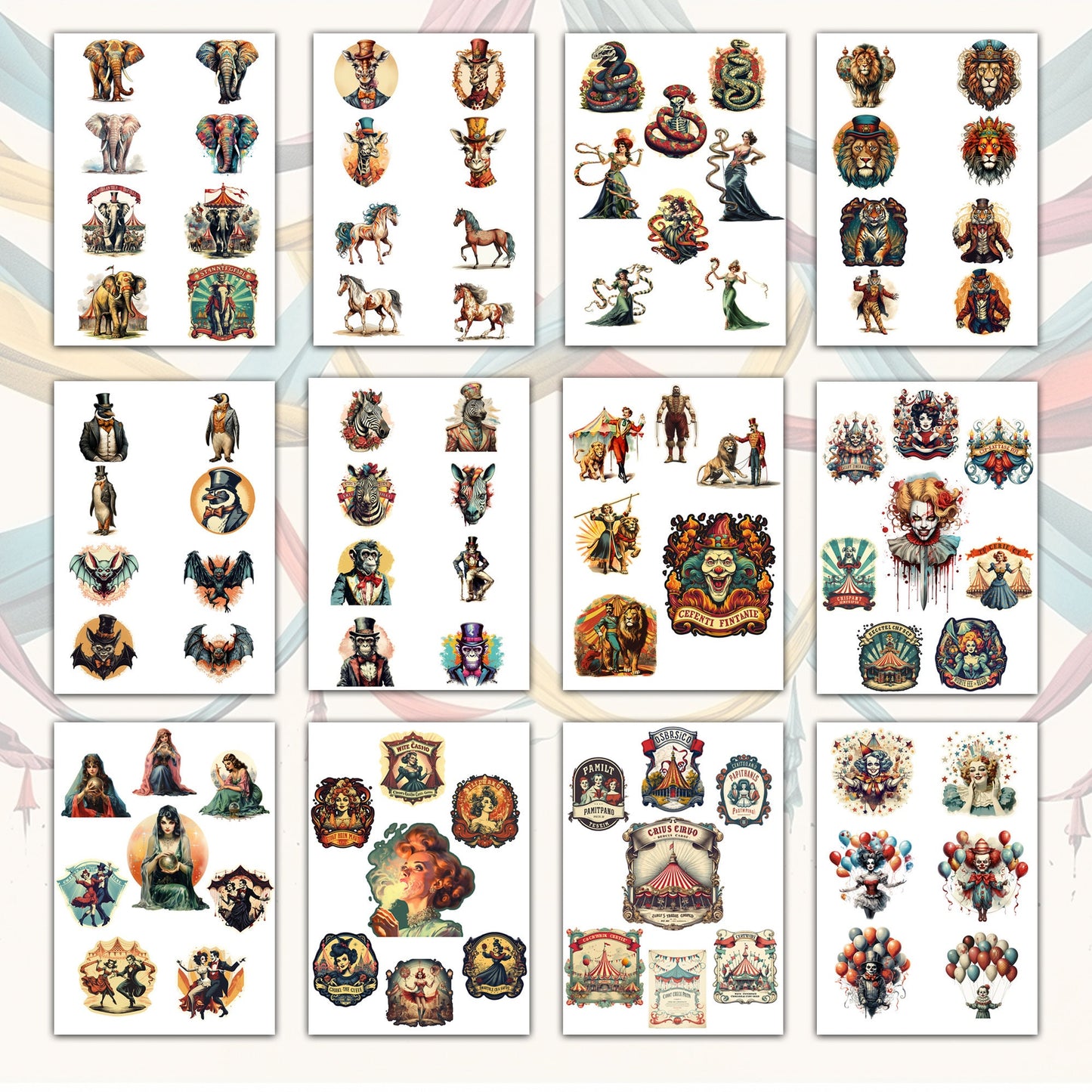 Vintage Spooky Circuses Printable Collection: 52 Sheets - PDF, PNG, JPG for Creative Journals and Crafts