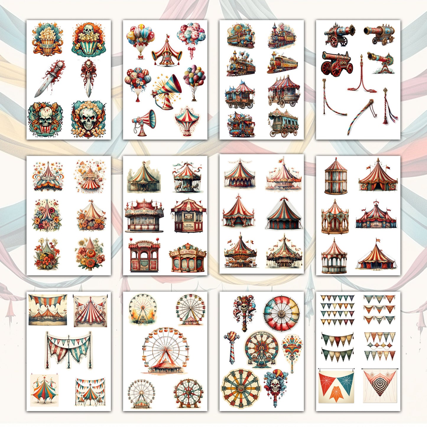 Vintage Spooky Circuses Printable Collection: 52 Sheets - PDF, PNG, JPG for Creative Journals and Crafts
