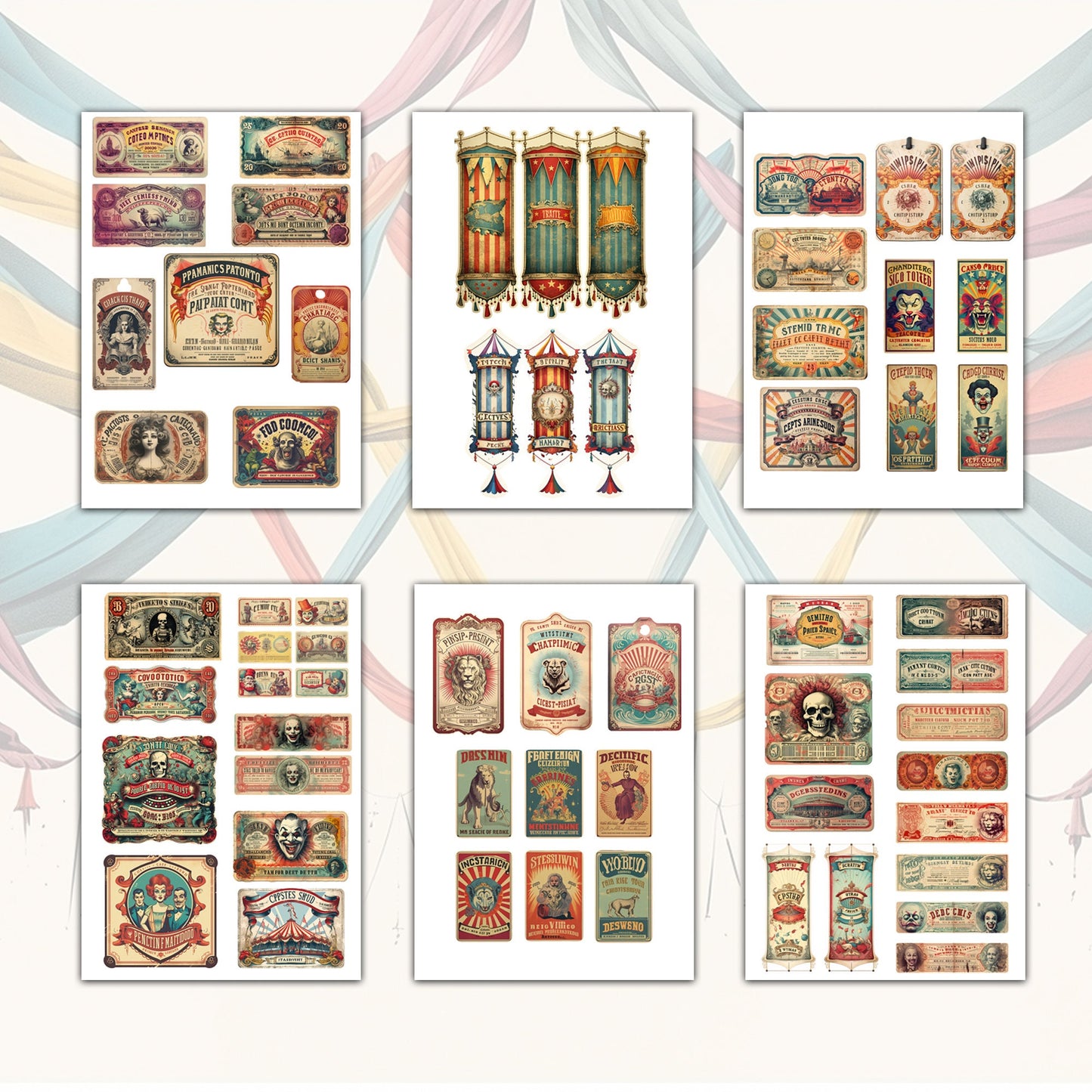 Vintage Spooky Circuses Printable Collection: 52 Sheets - PDF, PNG, JPG for Creative Journals and Crafts