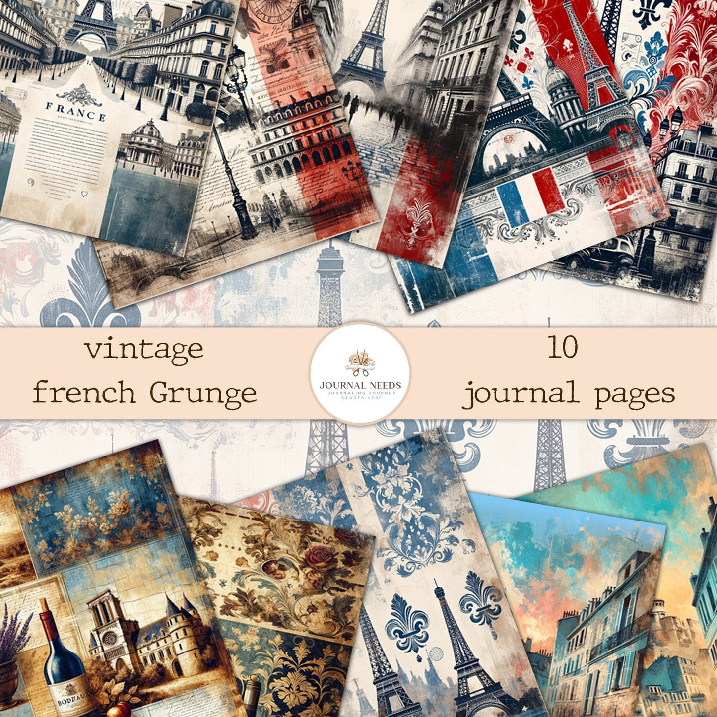 Vintage Paris Grunge: 10-Page Digital Collection for Scrapbooking and Junk Journaling - High-Quality JPG & PDF - Junk Journal Pages - French