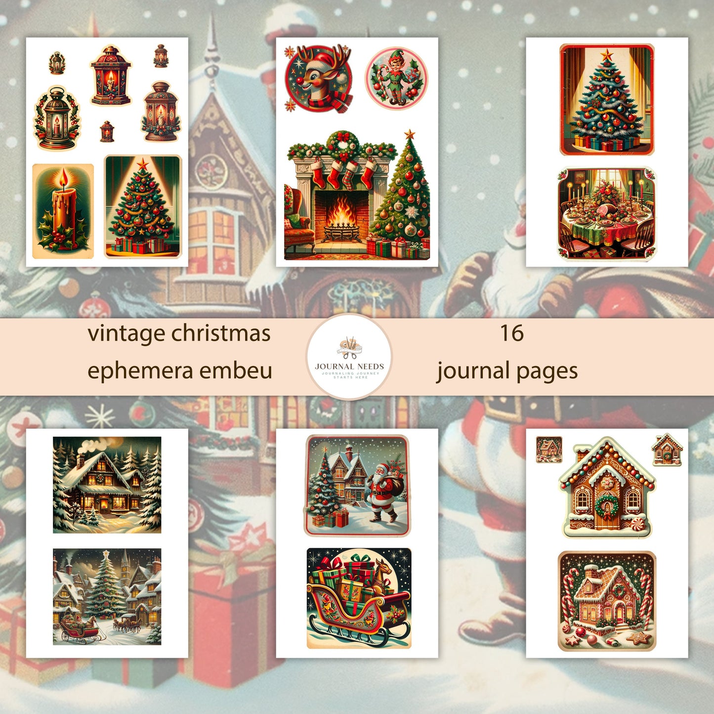 Vintage Christmas ephemera collection 16 sheet - junk journaling and scrapbooking embellishments digital kit - jpg png pdf