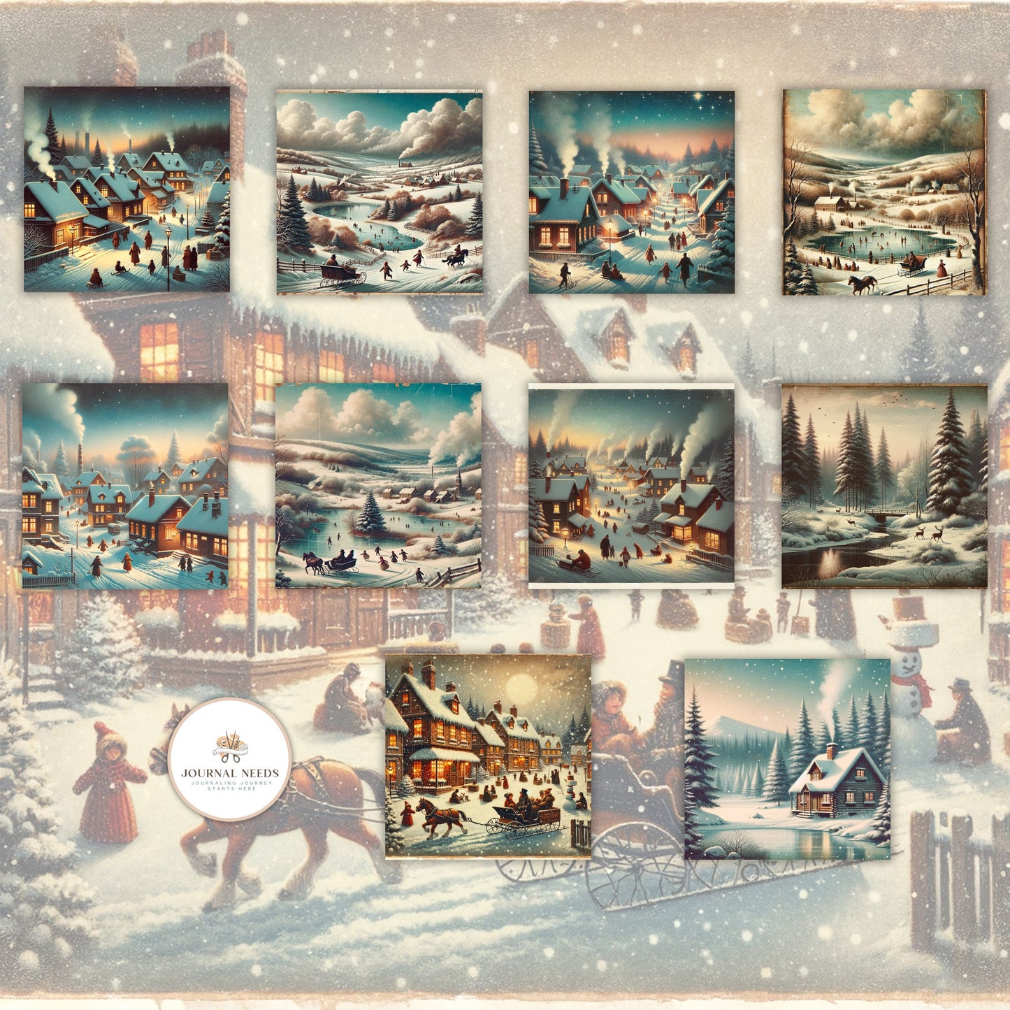 Vintage Snowy Winter Printable: 34 sheet of winter weather, fashion, warm drinks, cozy homes, background -PNG/JPG/PDF, Fussy Cuts, ephemera.