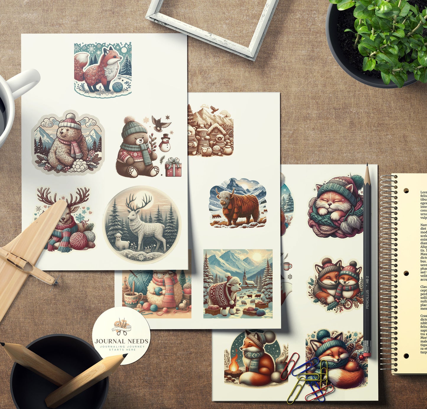 Winter Warmth & Comfort Stickers: Pyjamas, Animals, Fireplace, Hot Drinks, People, Horse Carriages. 42 Pages in PDF, PNG, JPG for Cozy Vibes