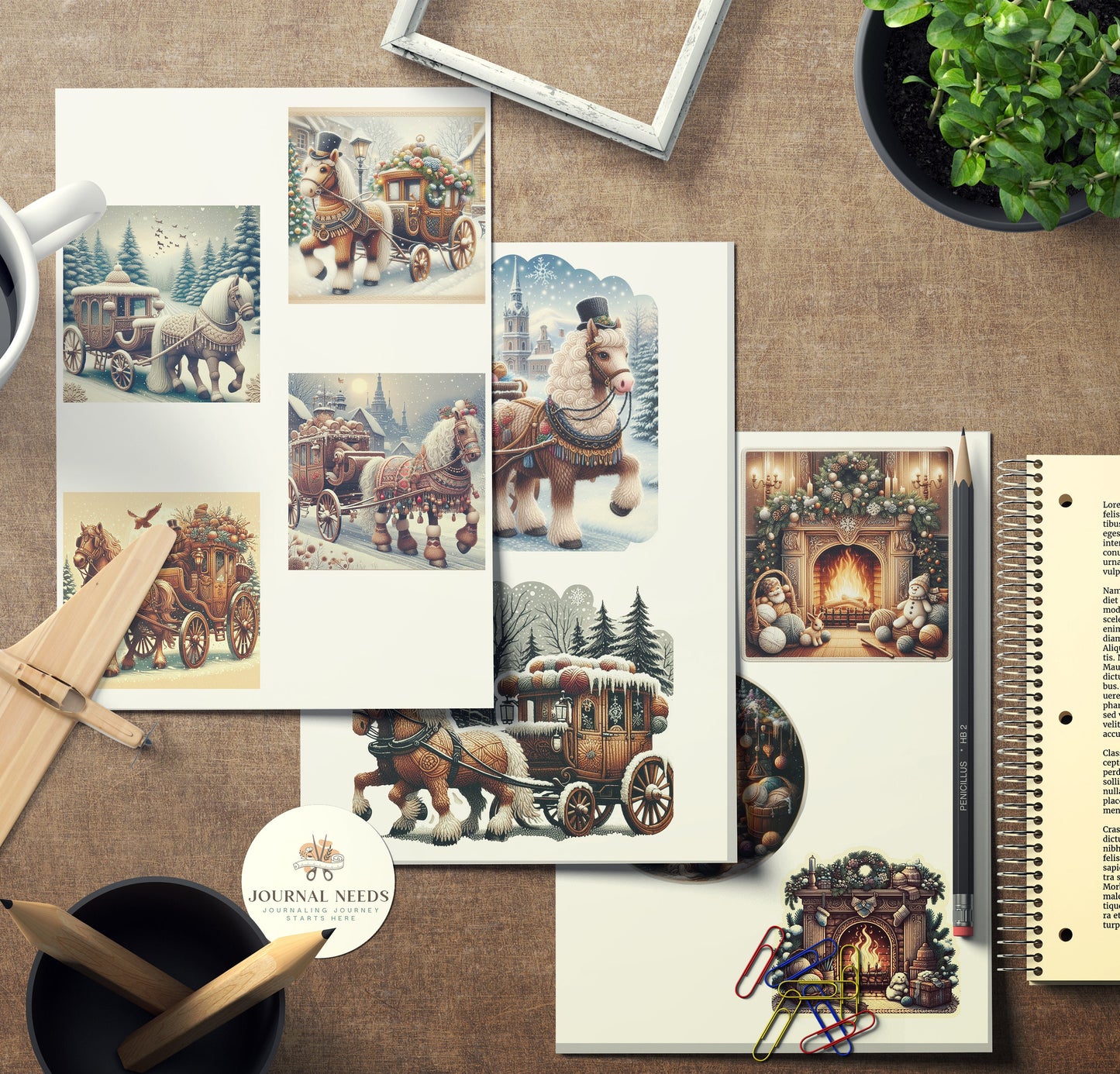 Winter Warmth & Comfort Stickers: Pyjamas, Animals, Fireplace, Hot Drinks, People, Horse Carriages. 42 Pages in PDF, PNG, JPG for Cozy Vibes