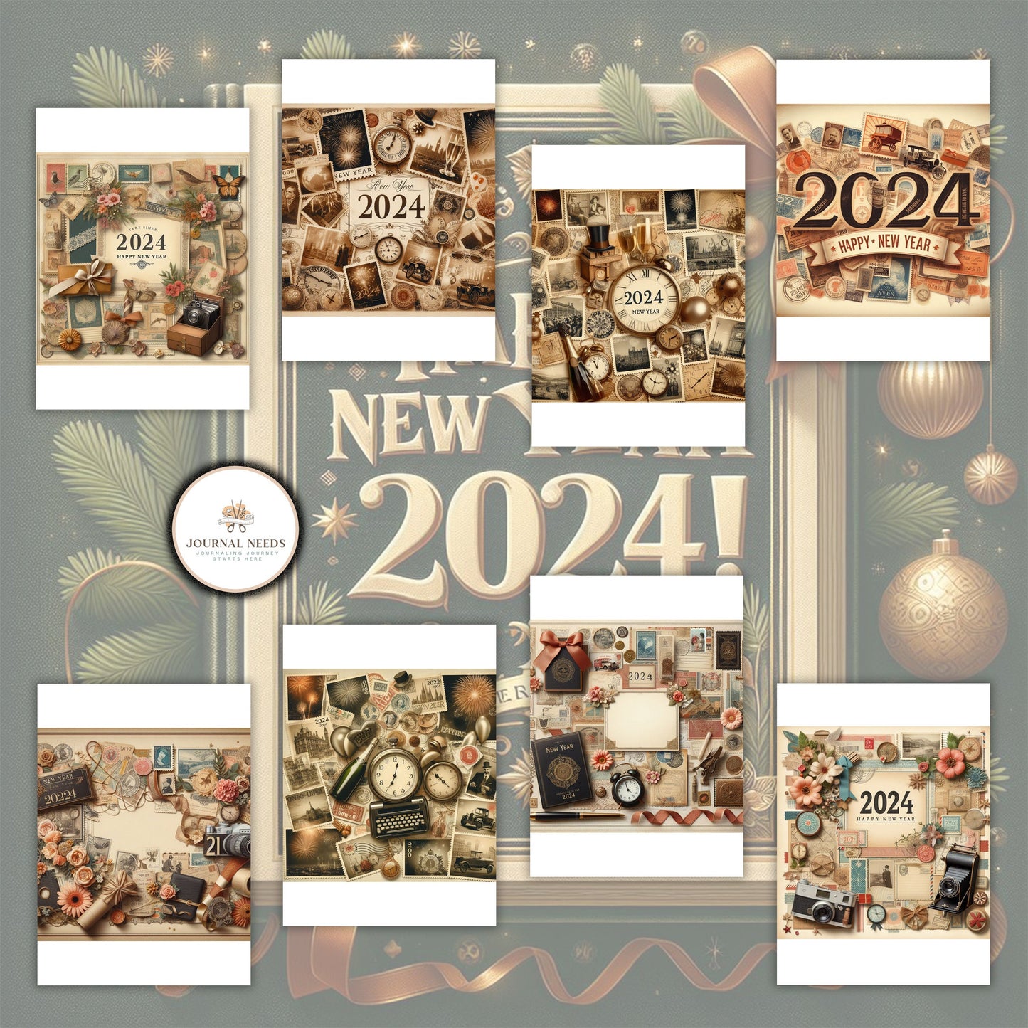 Vintage New Year: 46 pages of nostalgic backgrounds for junk journaling and scrapbooking. PDF and JPG formats. Capture timeless moments.