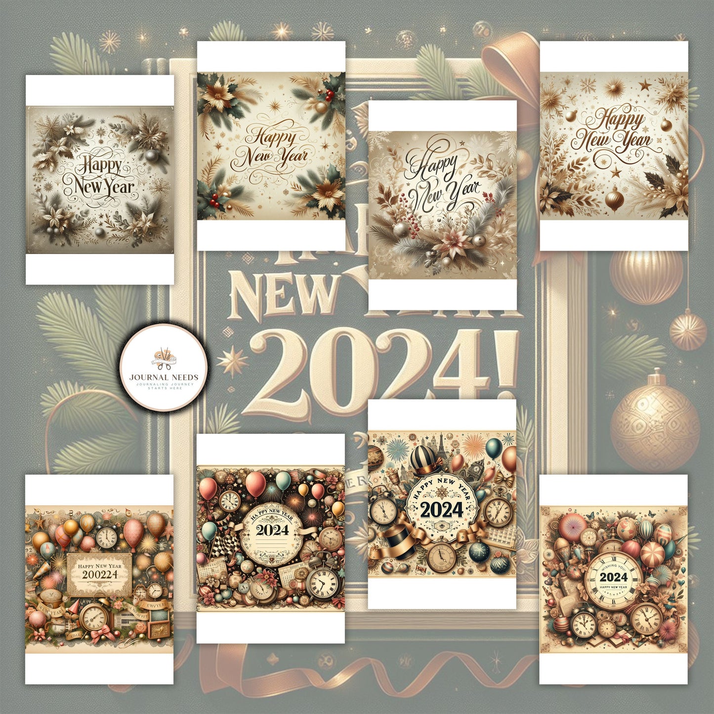 Vintage New Year: 46 pages of nostalgic backgrounds for junk journaling and scrapbooking. PDF and JPG formats. Capture timeless moments.