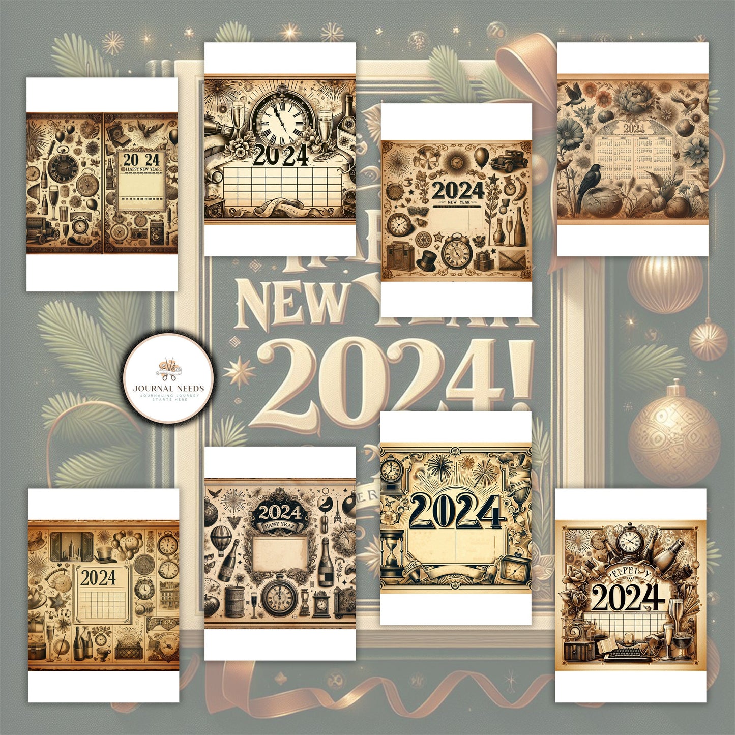 Vintage New Year: 46 pages of nostalgic backgrounds for junk journaling and scrapbooking. PDF and JPG formats. Capture timeless moments.